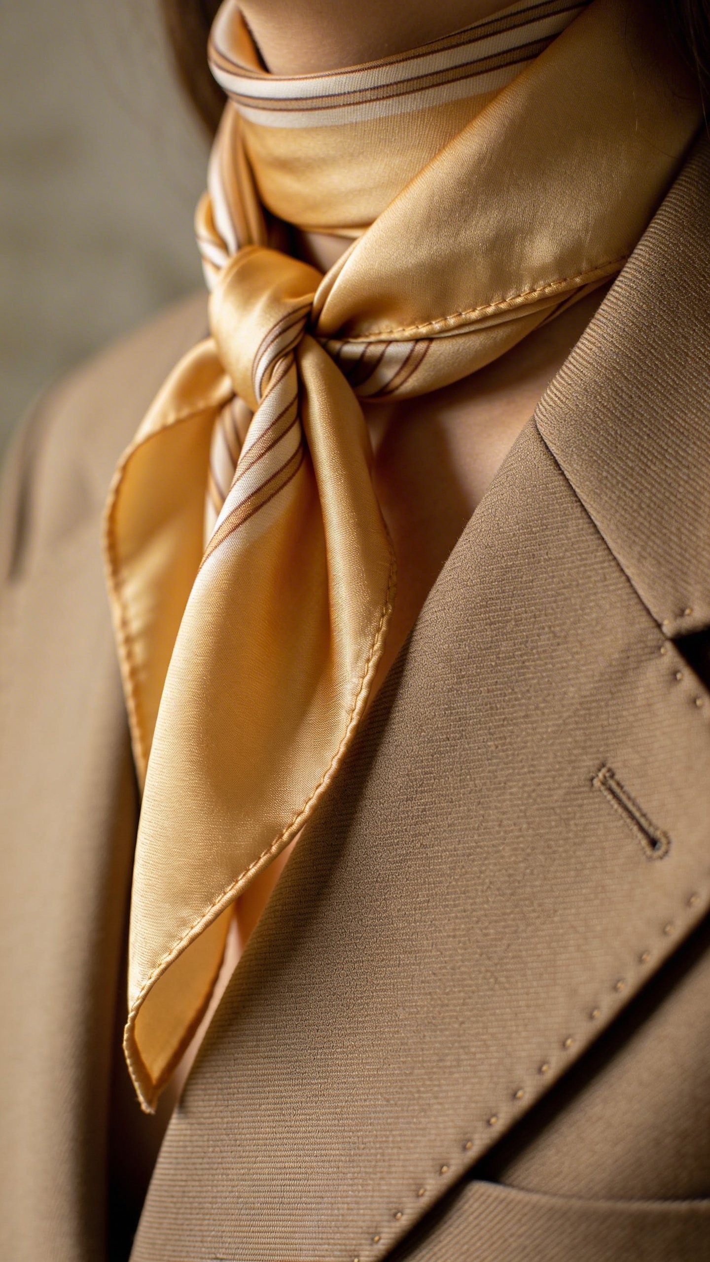 Closeup of silk scarf looped around neck with blazer