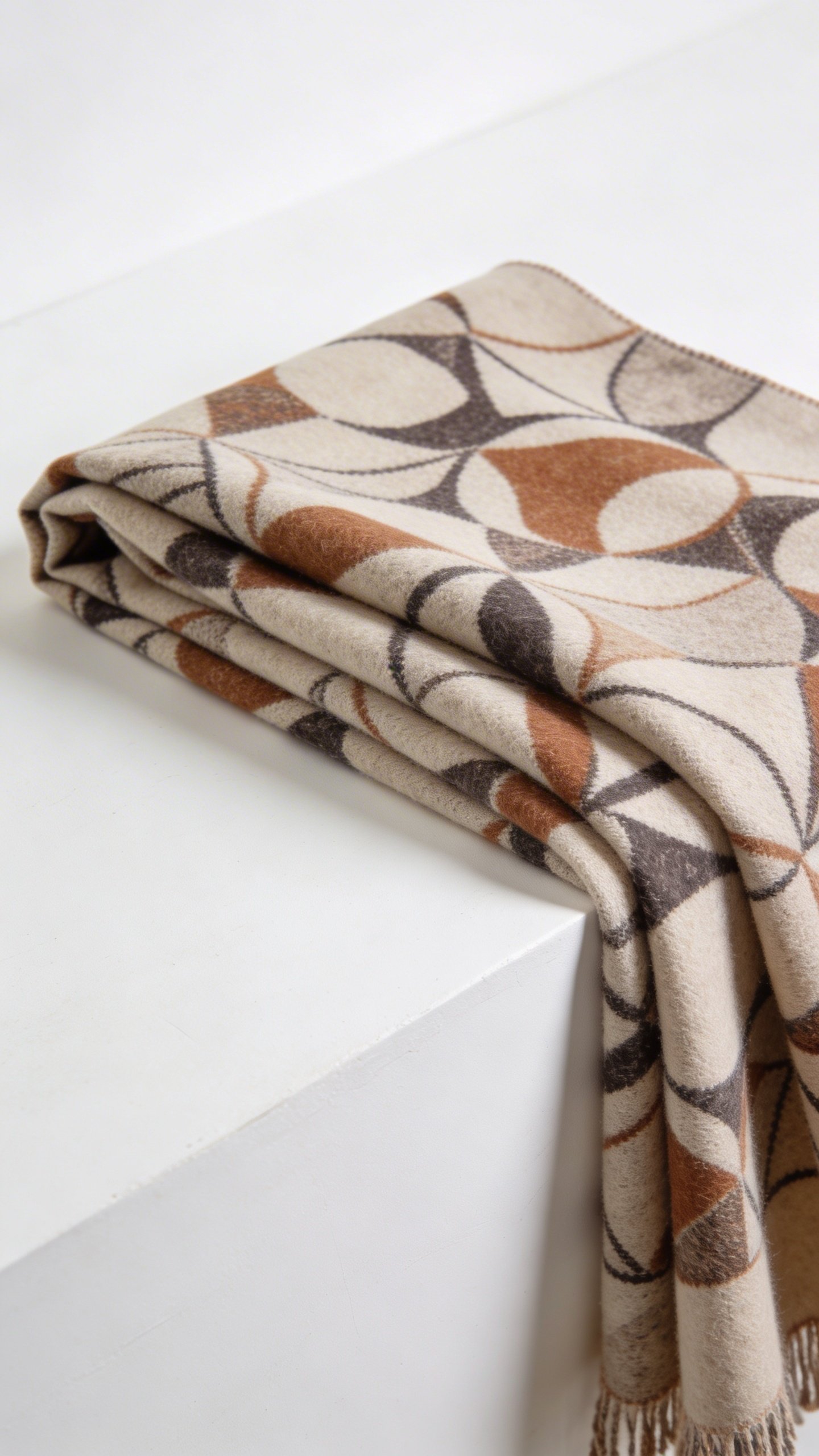 Folded medium-length patterned scarf draped on white surface