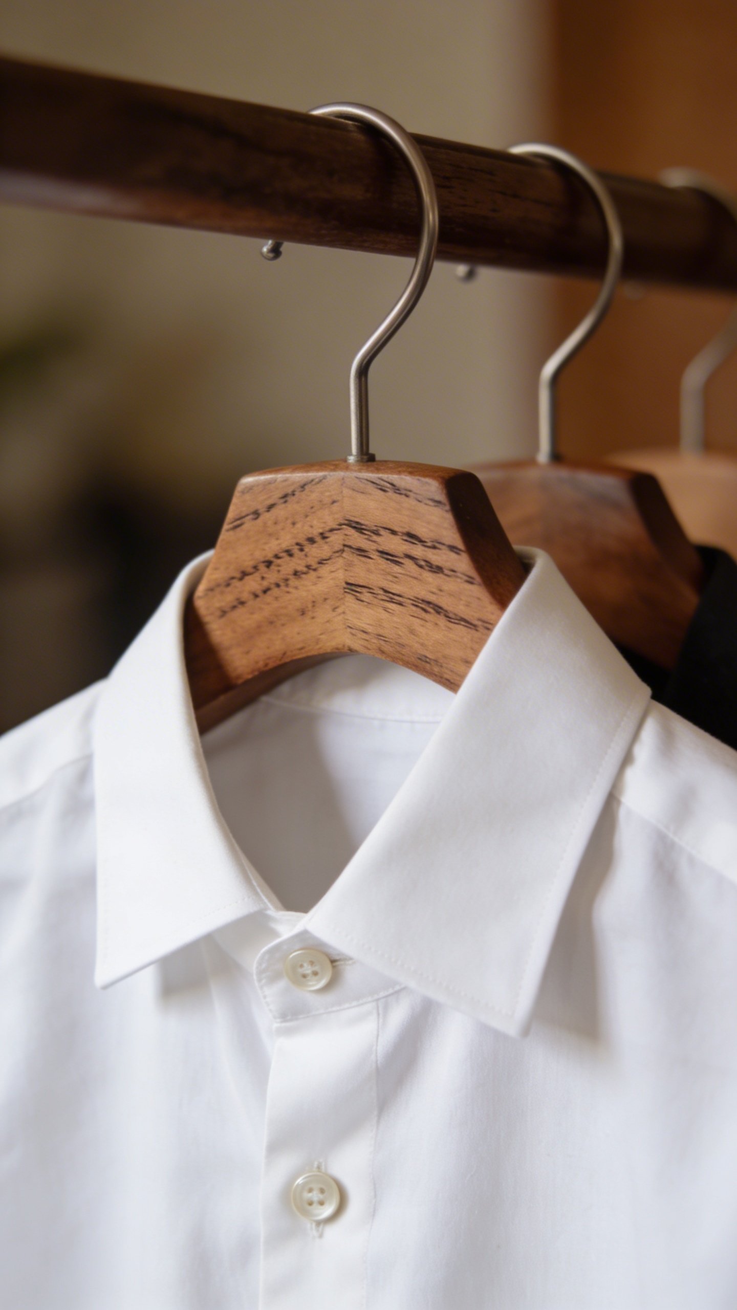 White tailored button-down shirt on wooden hanger closeup