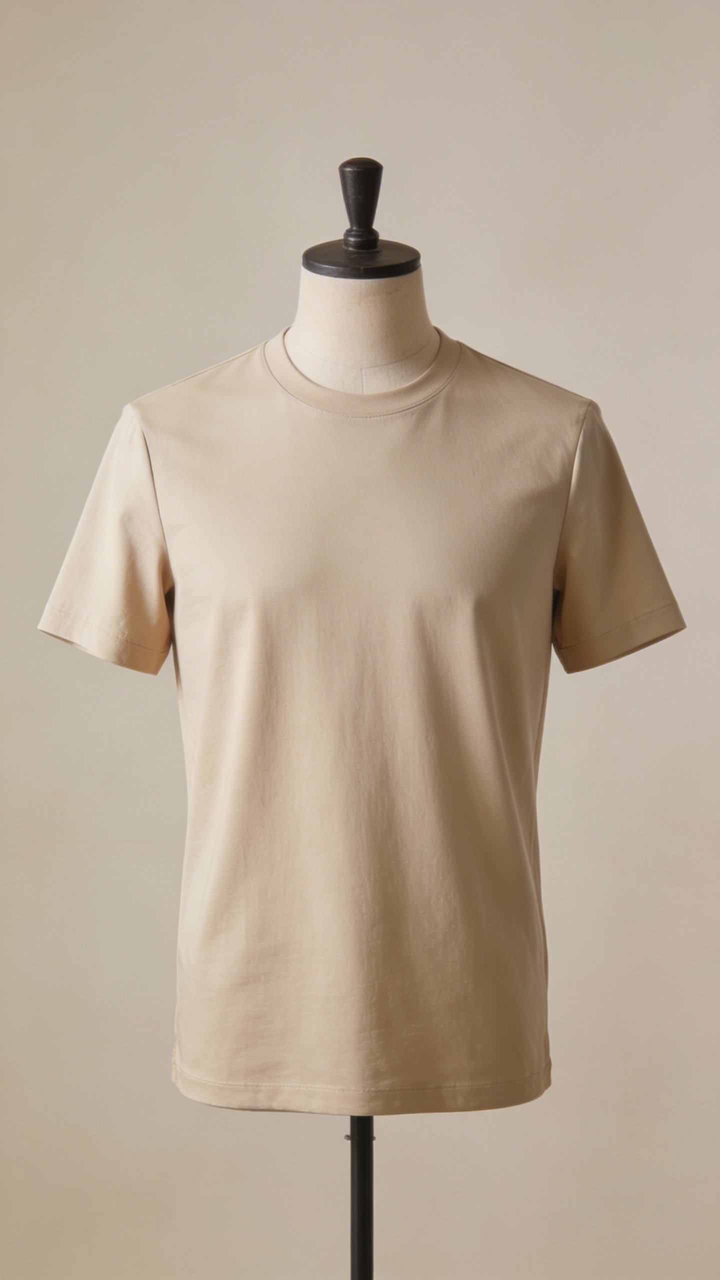 Single beige t-shirt with professional fit on mannequin