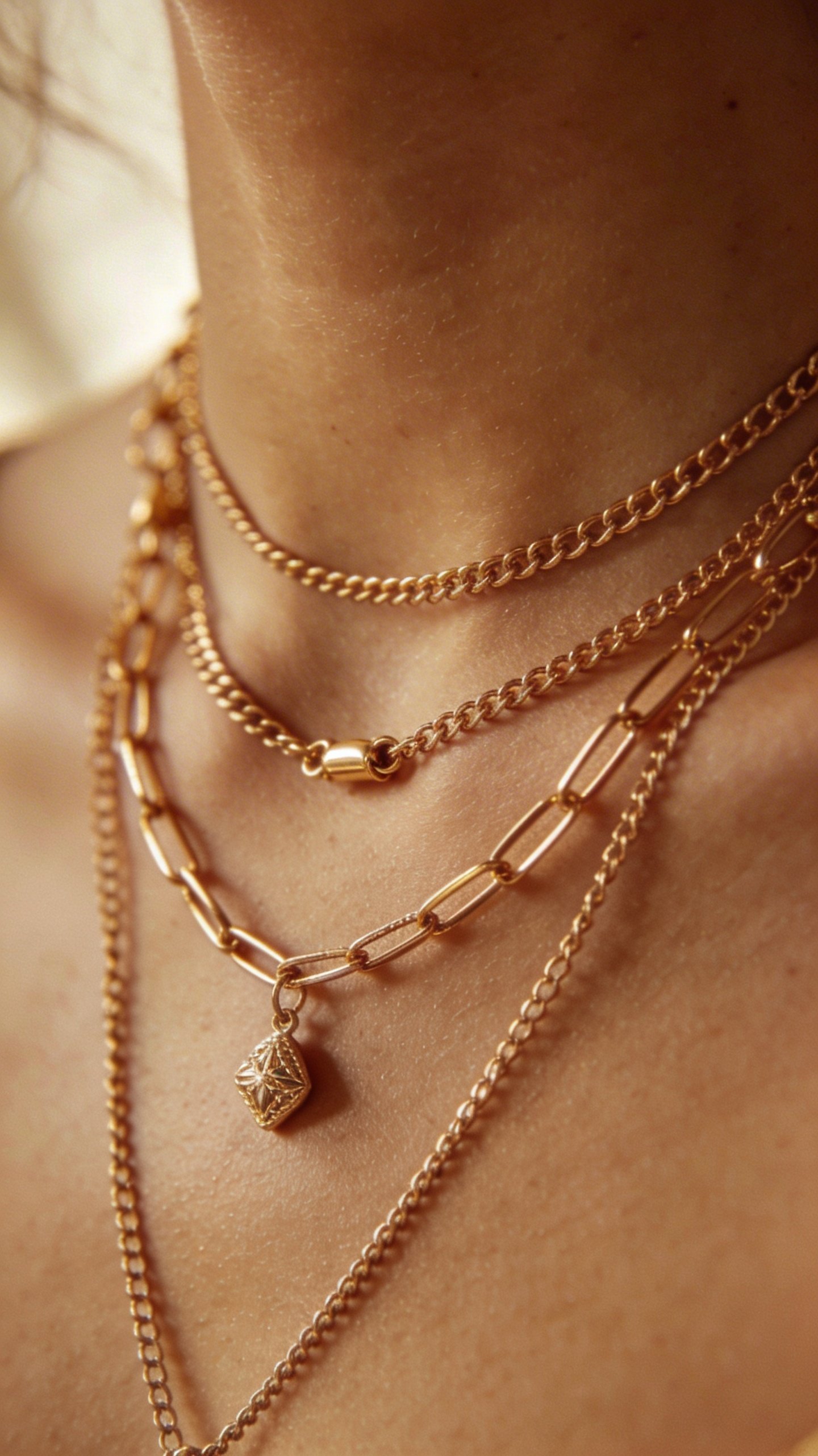 Closeup of delicate gold layered necklaces on neck