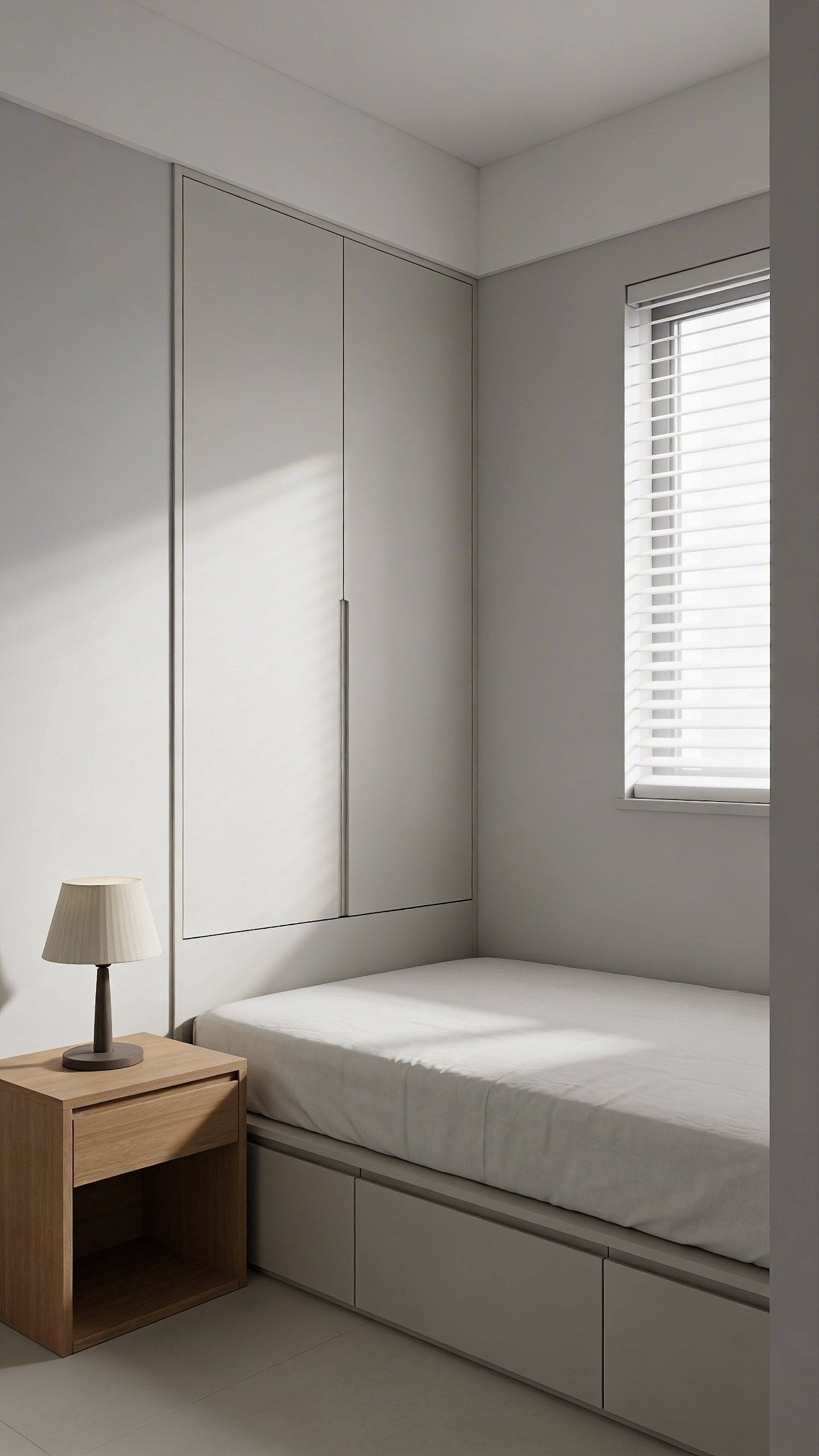 Small bedroom with light gray walls and minimal furniture