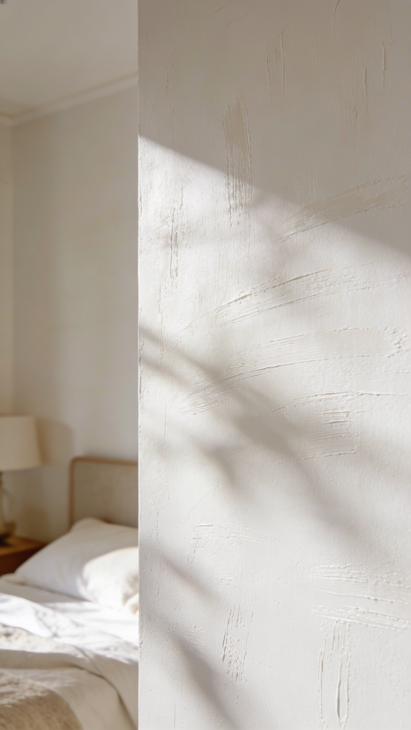 Closeup of white painted bedroom wall with natural light