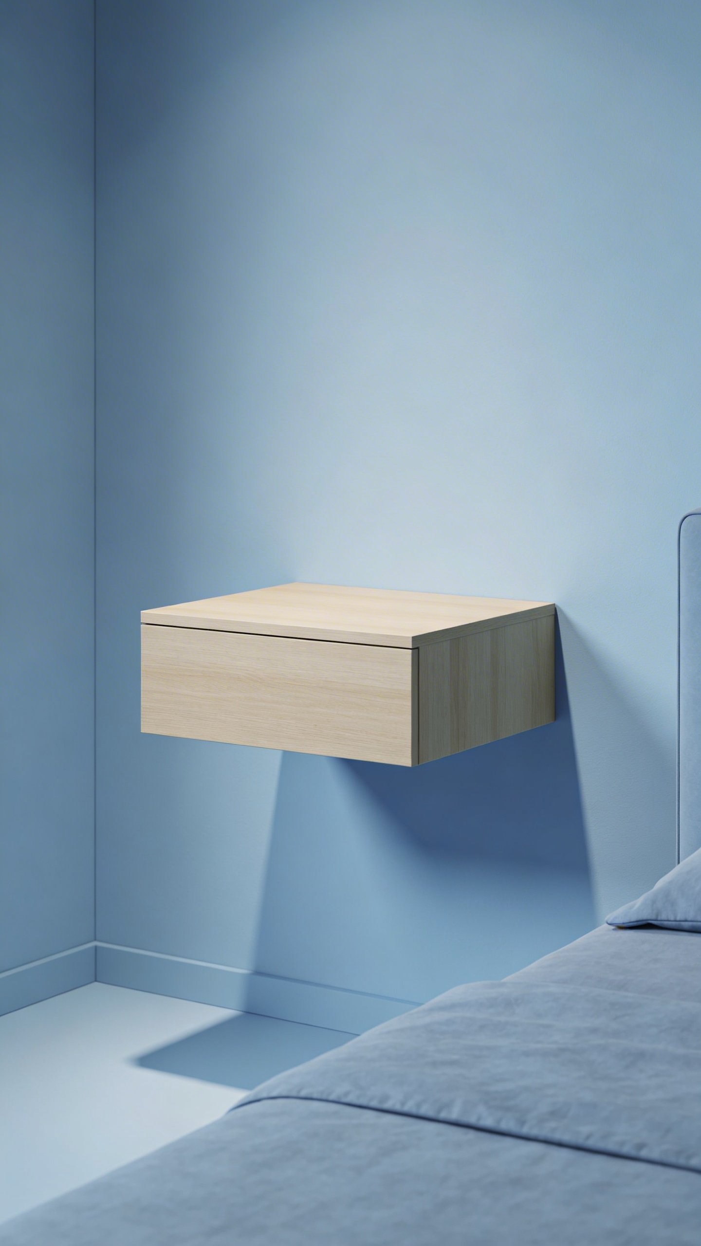Pale blue bedroom wall with single floating nightstand