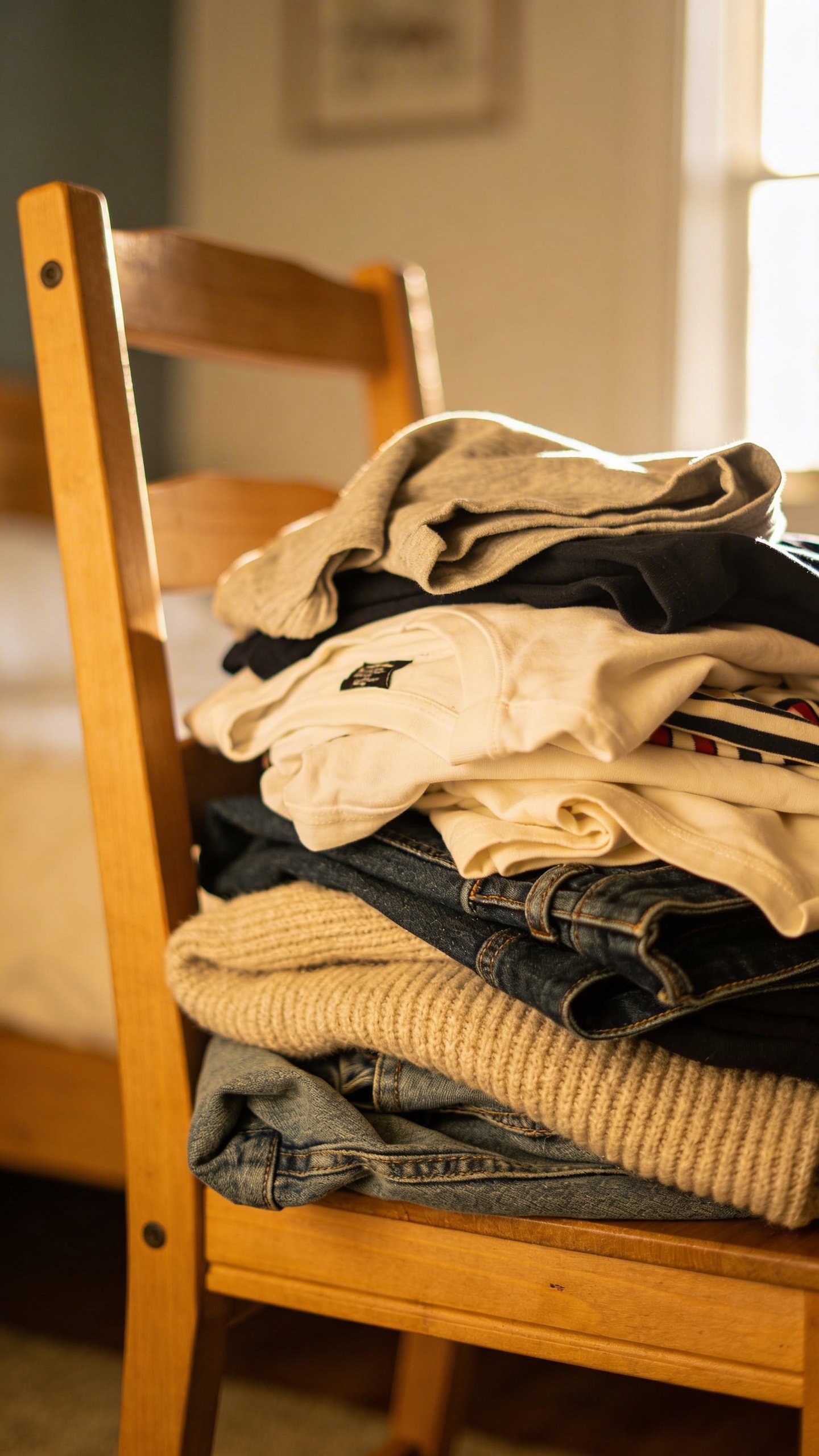 Closeup of messy clothes pile on bedroom chair