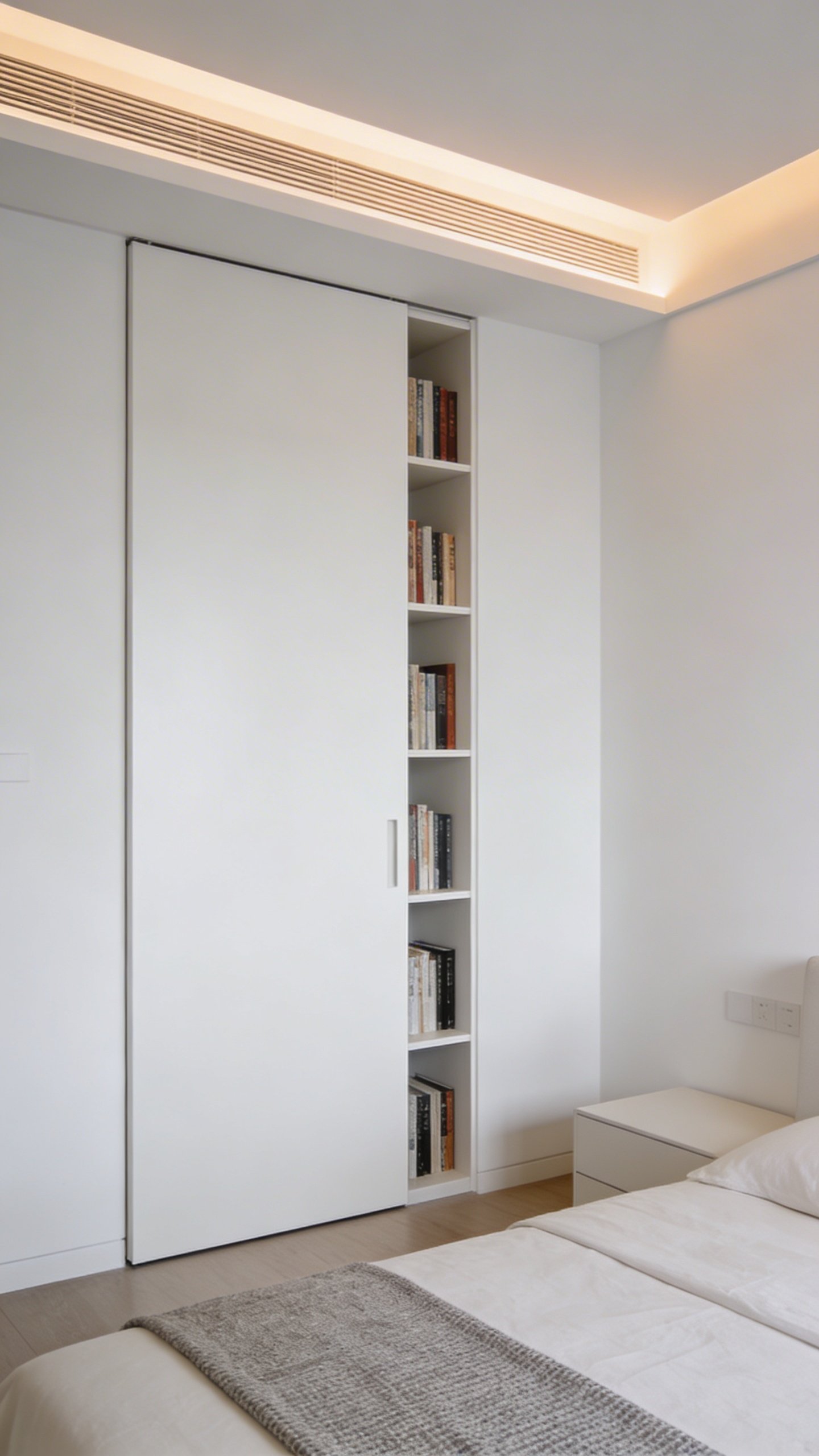 Seamless white bookshelf door blending into bedroom wall