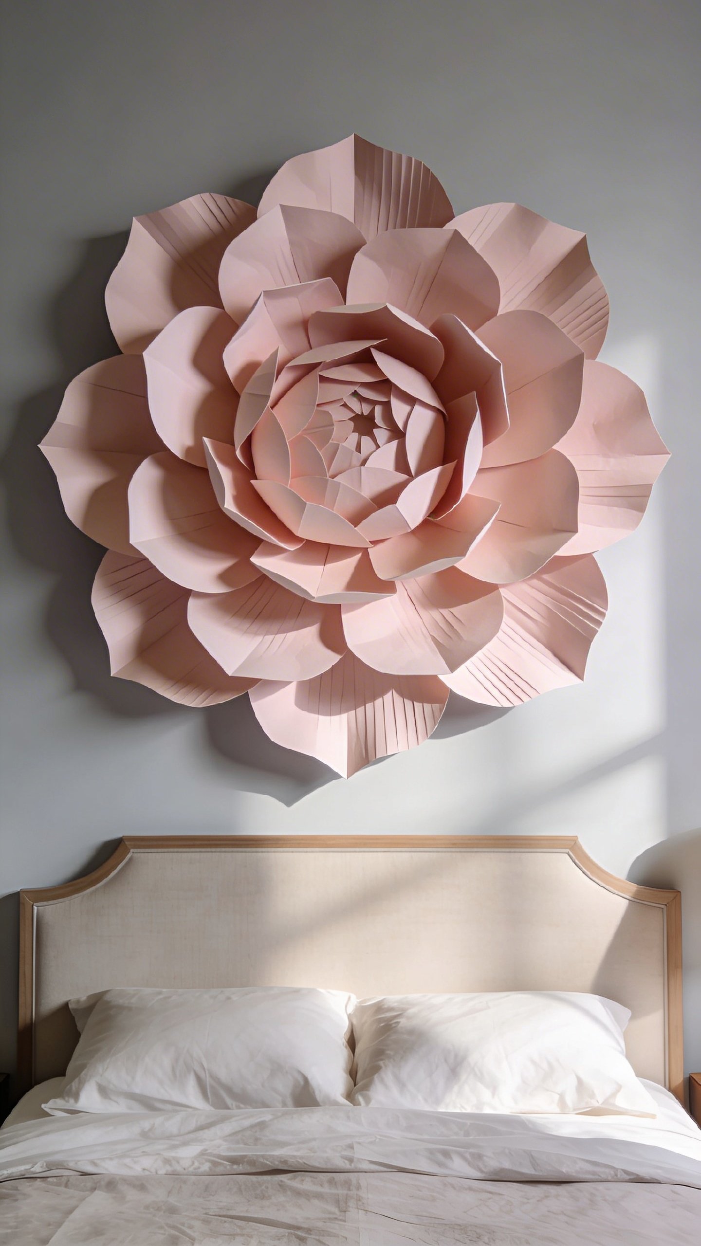 Single paper flower wall art above bedroom headboard