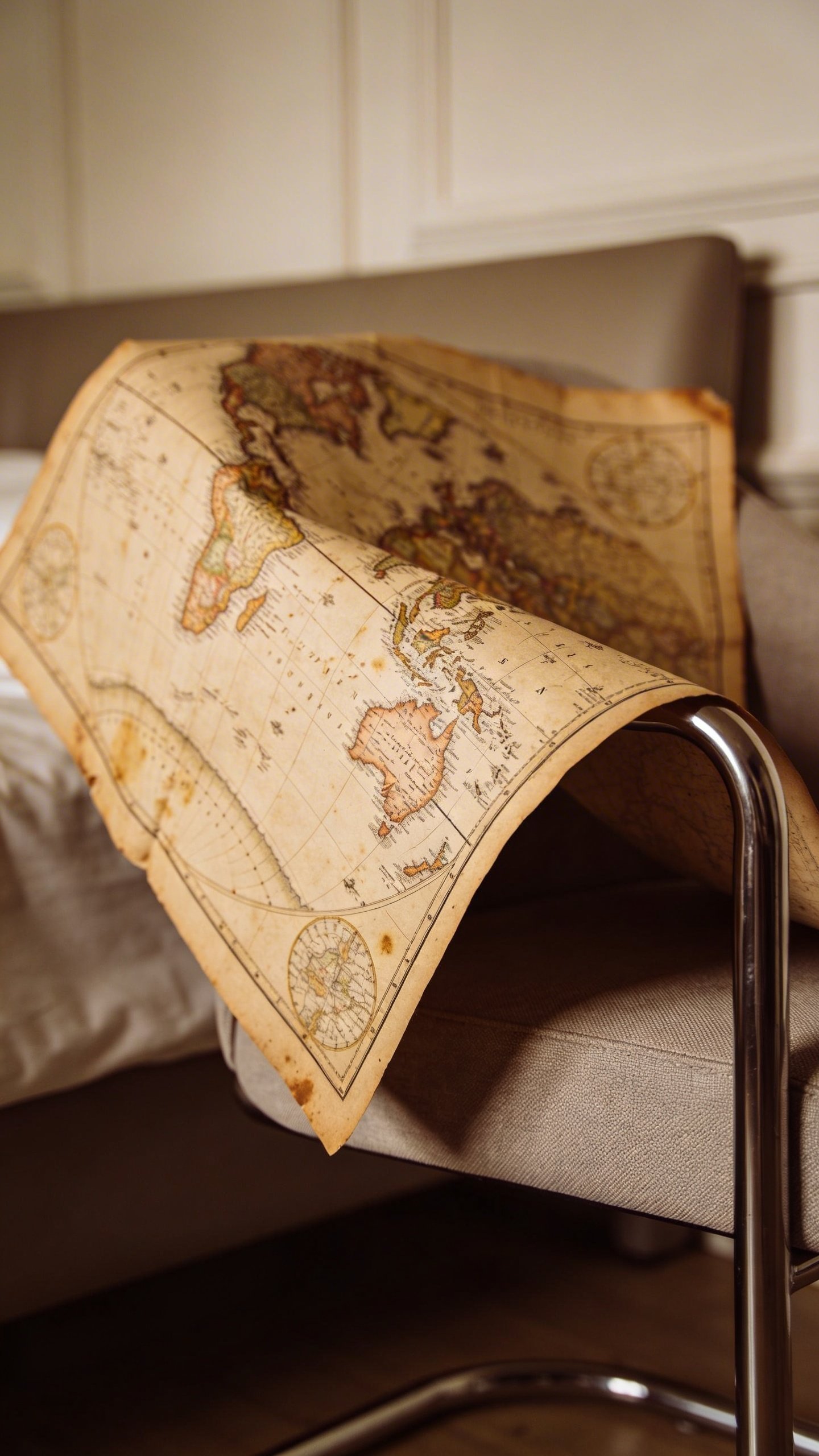 Vintage map sheet draped over modern bedroom chair