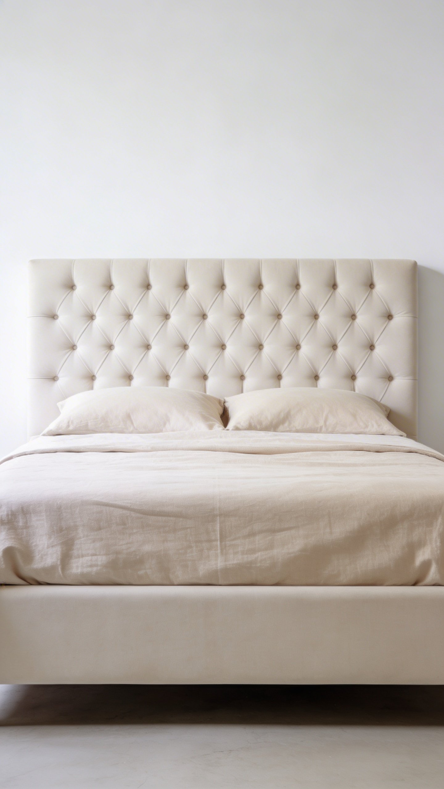 Upholstered bed centered against white bedroom wall