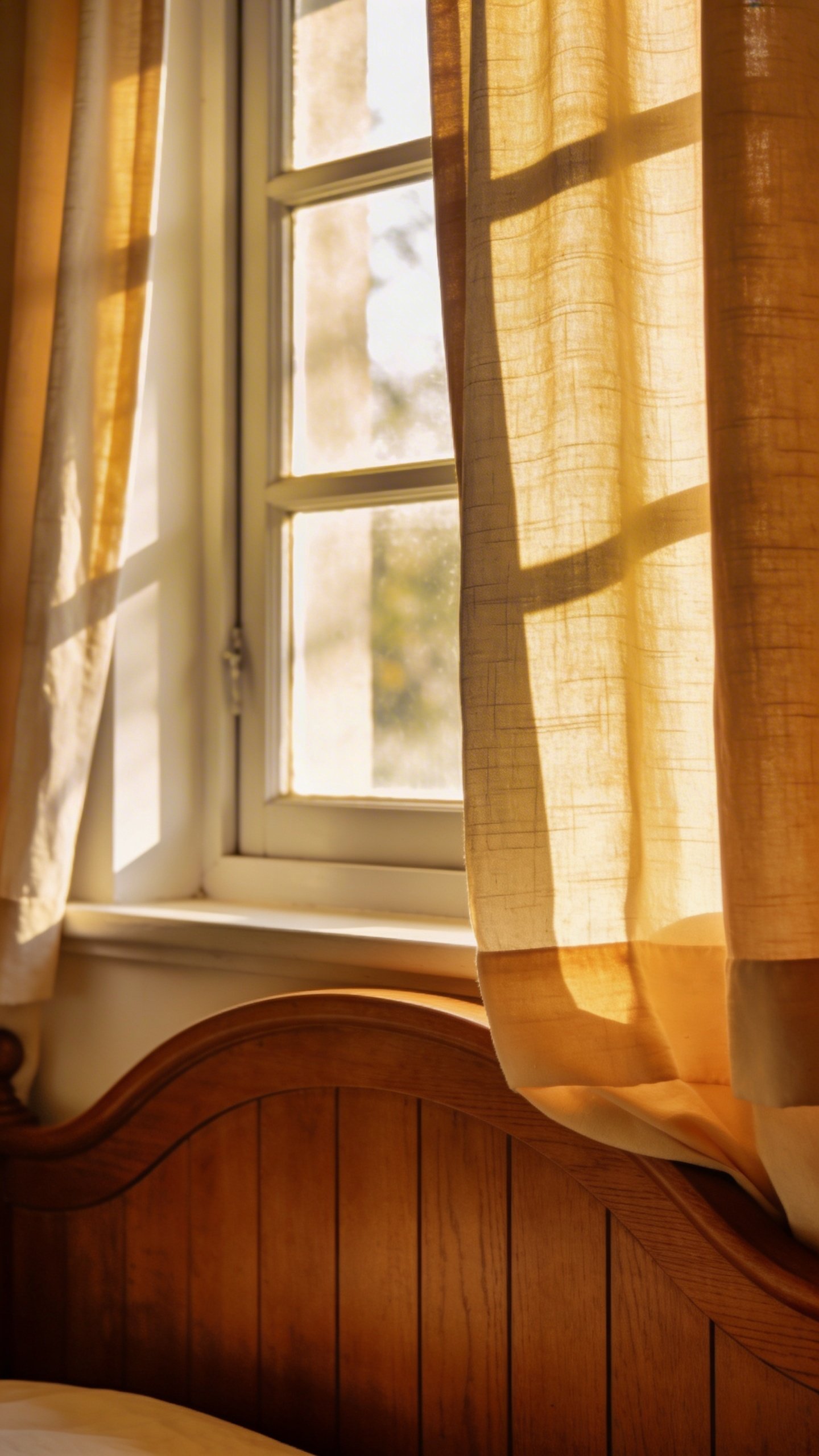 Bed headboard beneath sunlit window with curtains