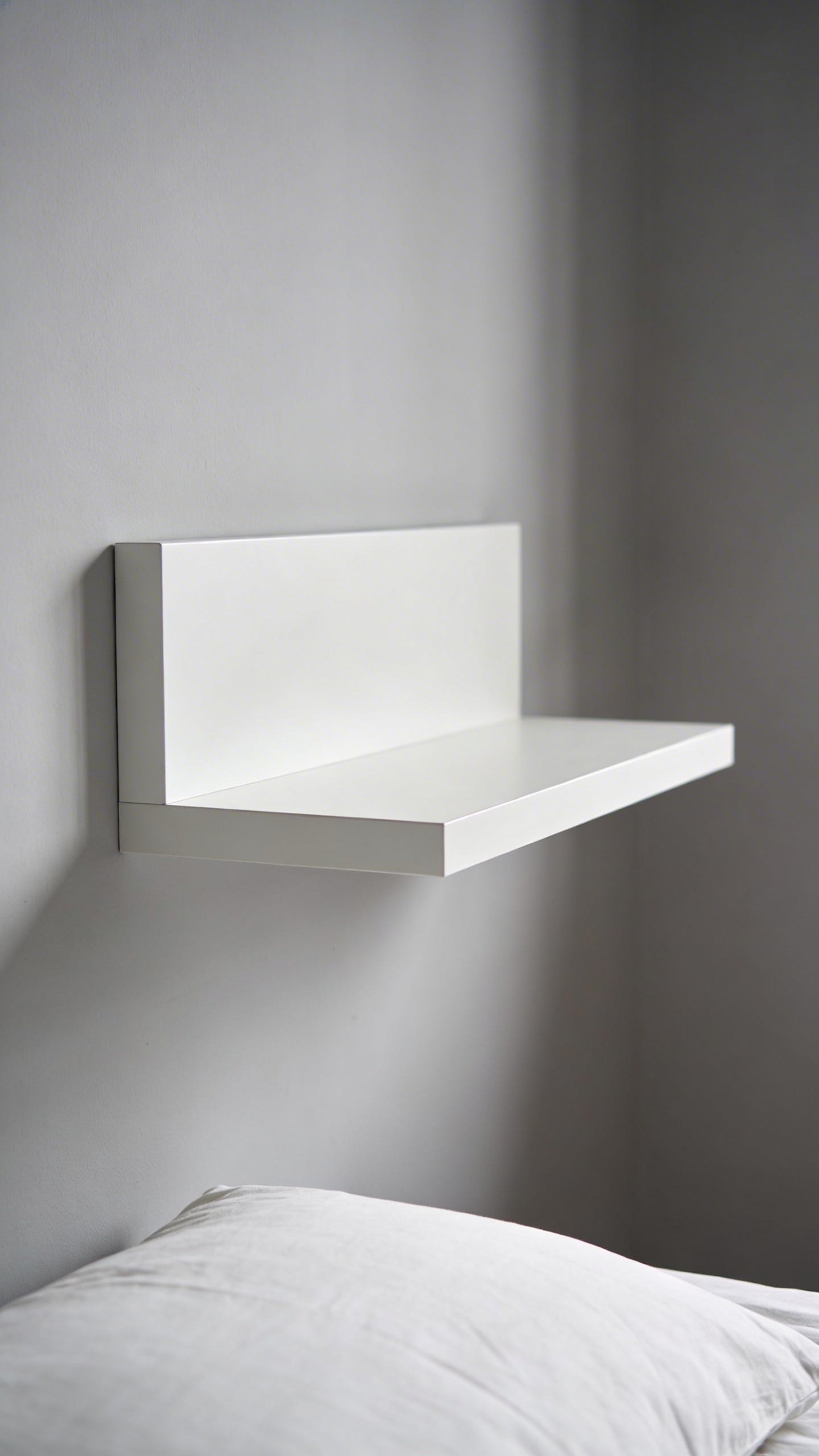Clean white floating bedroom shelf against gray wall