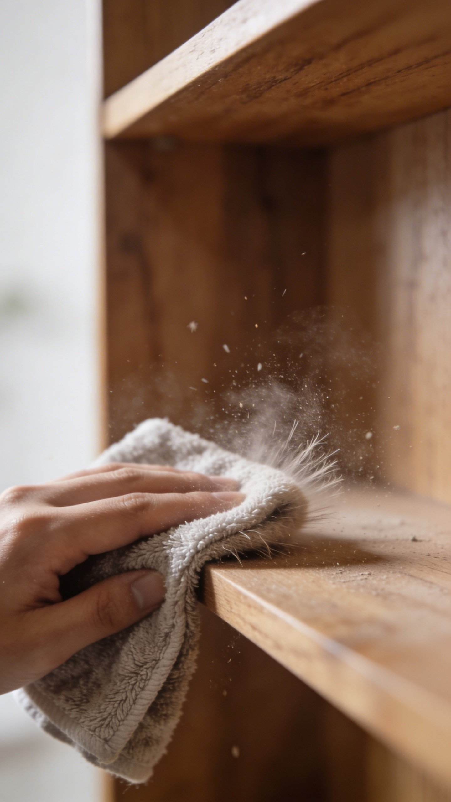 Microfiber cloth wiping dusty wooden shelf surface closeup