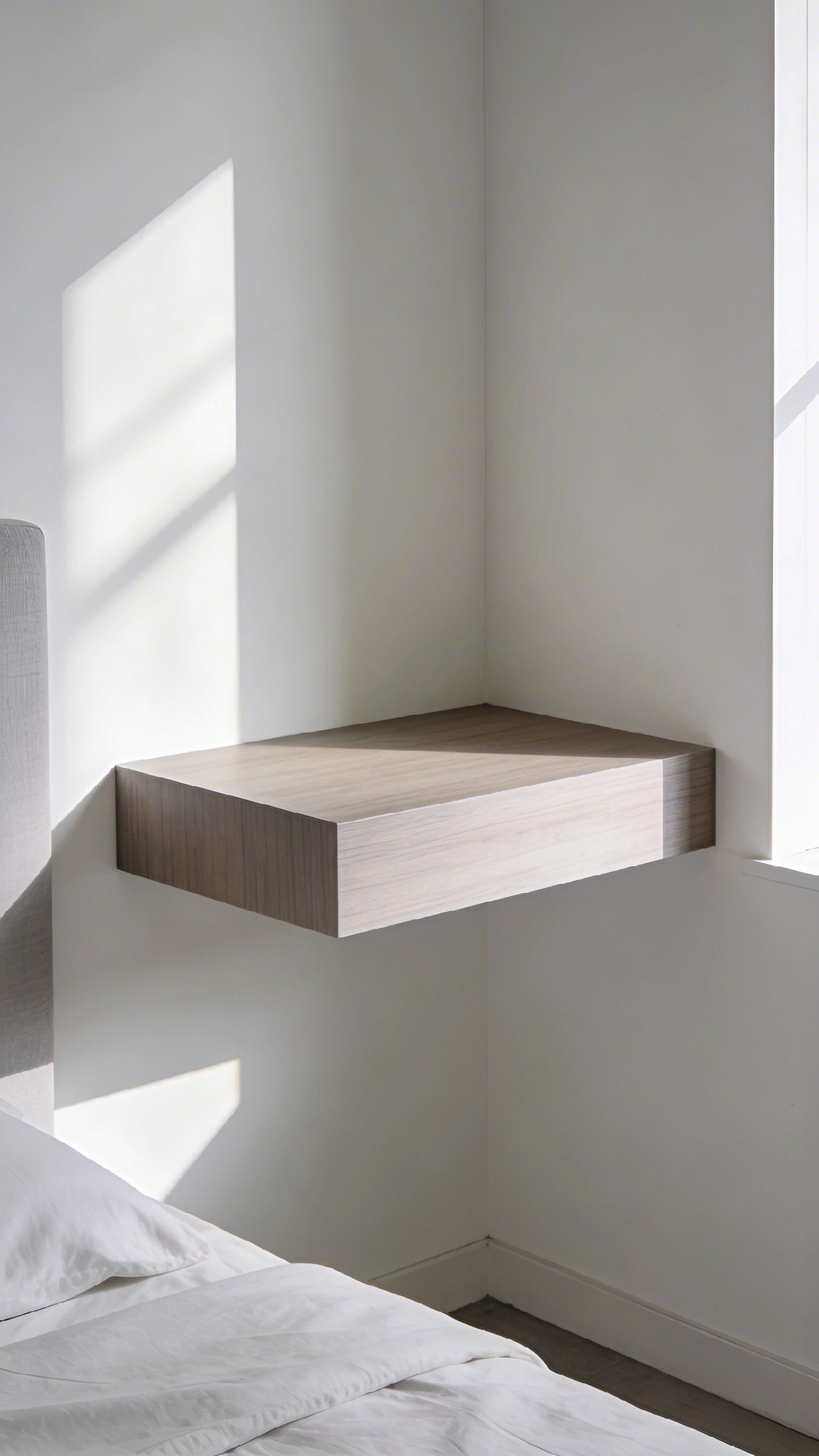 Empty minimalist bedroom shelf ready for styling