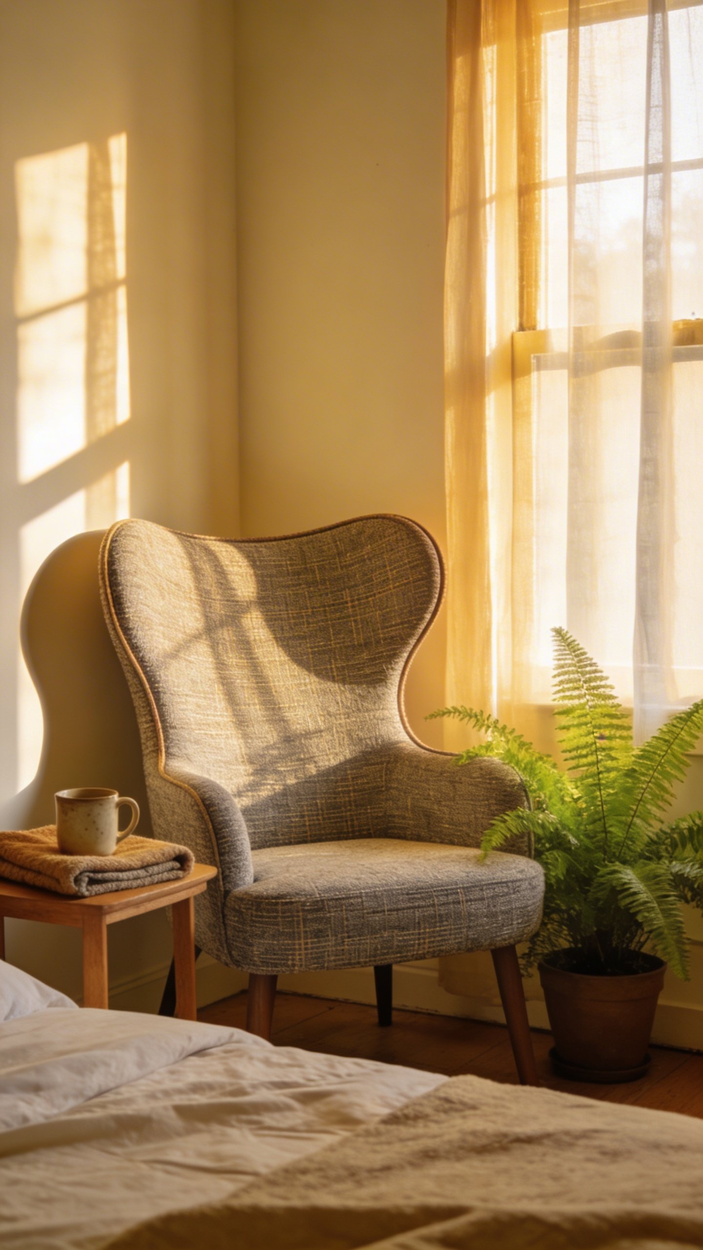 Cozy reading nook armchair in sunlit bedroom corner