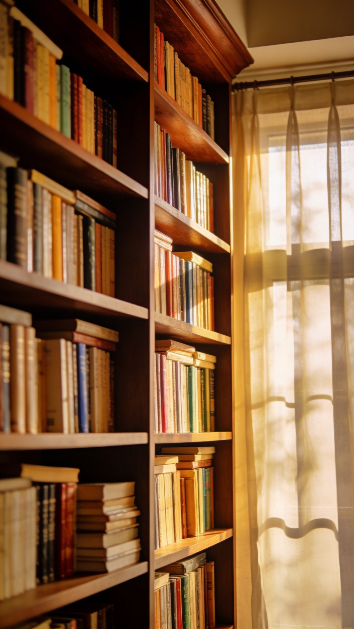 Tall corner bookshelf filled with books near window