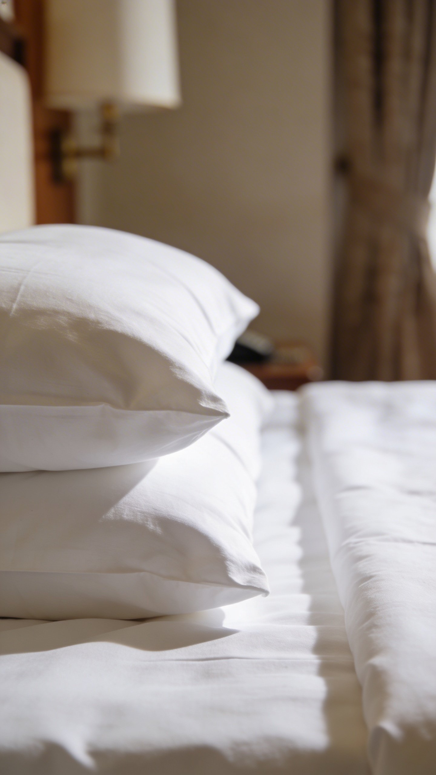 Closeup of white hotel bed with crisp folded linens