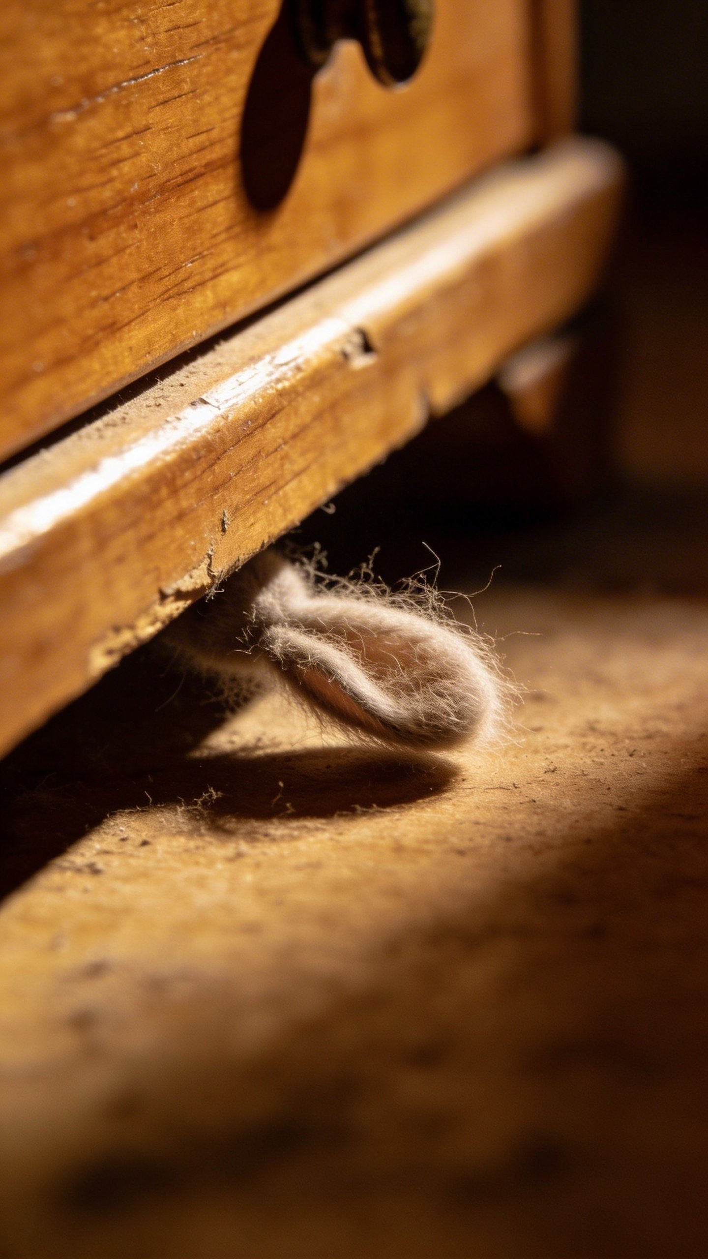 Single dust bunny under wooden dresser edge, dramatic lighting