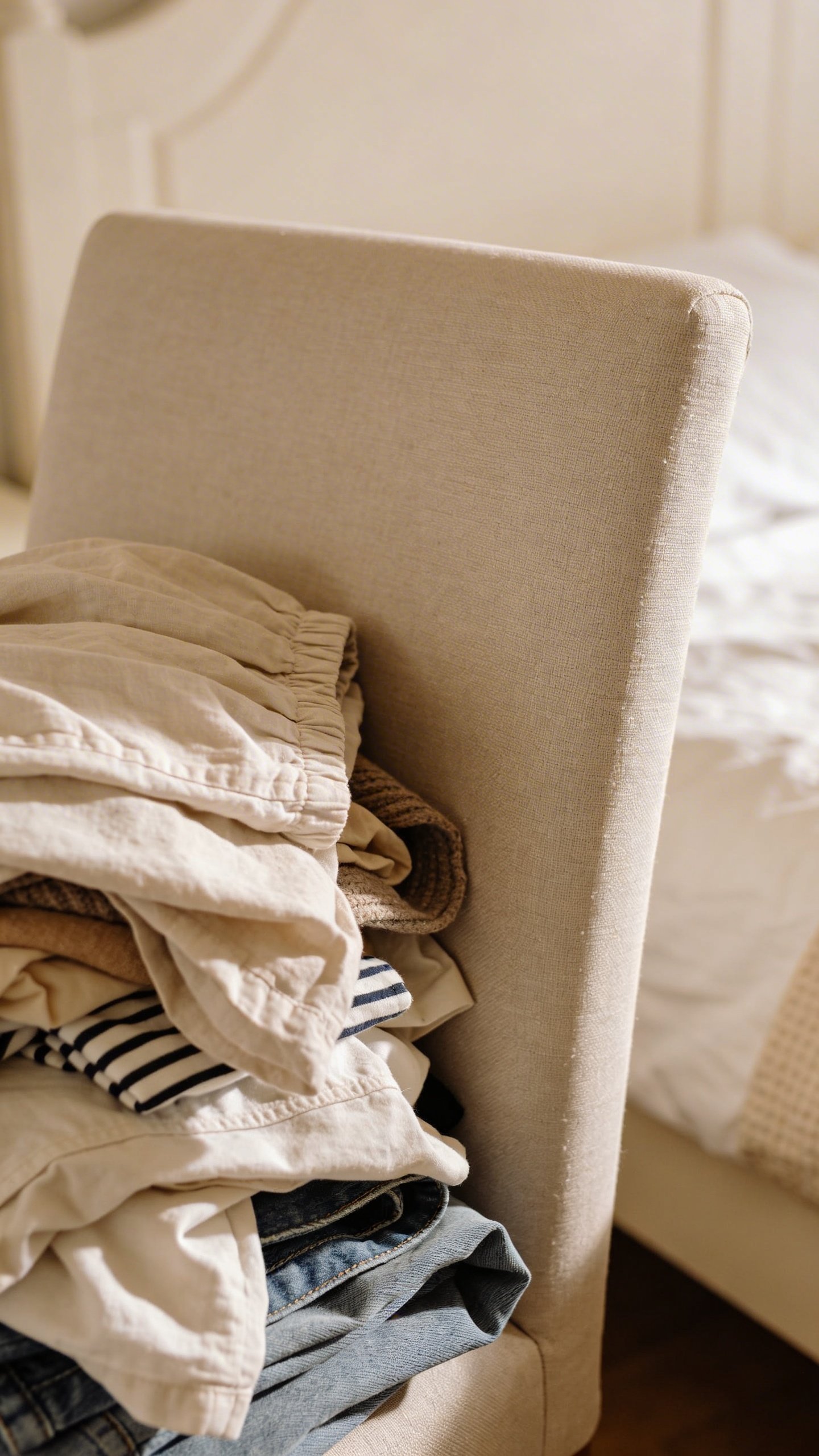 Pile of rumpled clothes on beige upholstered bedroom chair