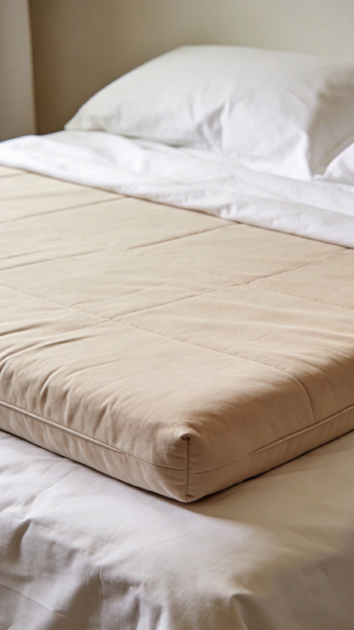 Neutral beige mattress topper on guest bed