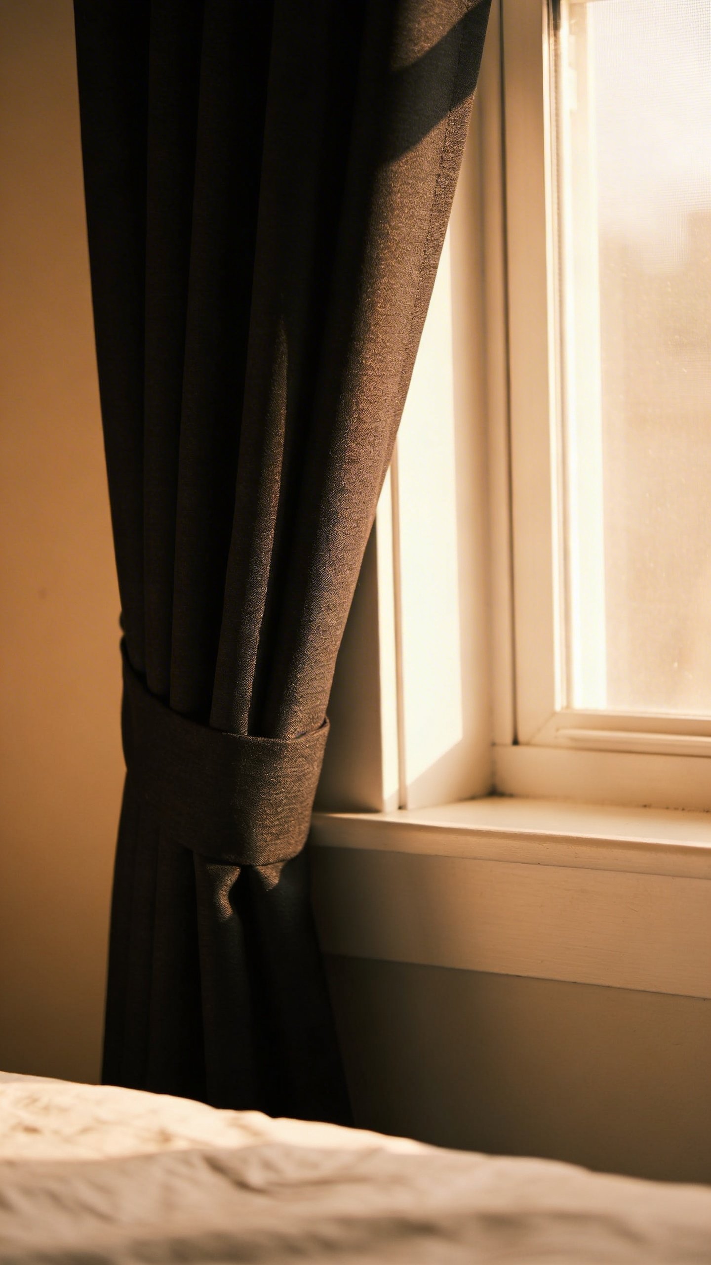 Closeup of blackout curtains hanging beside bedroom window