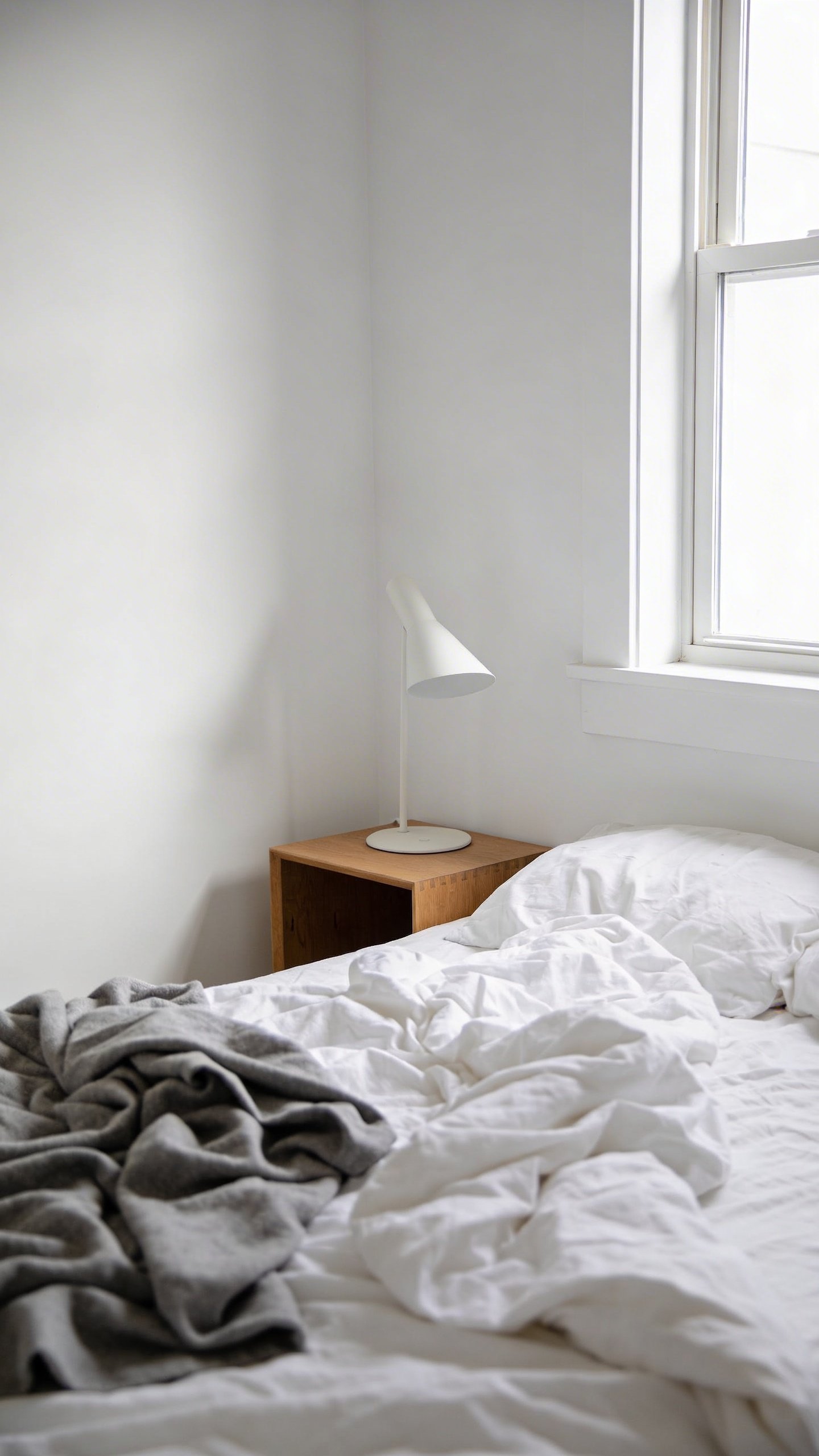 Unmade bed in small minimalist bedroom with white walls