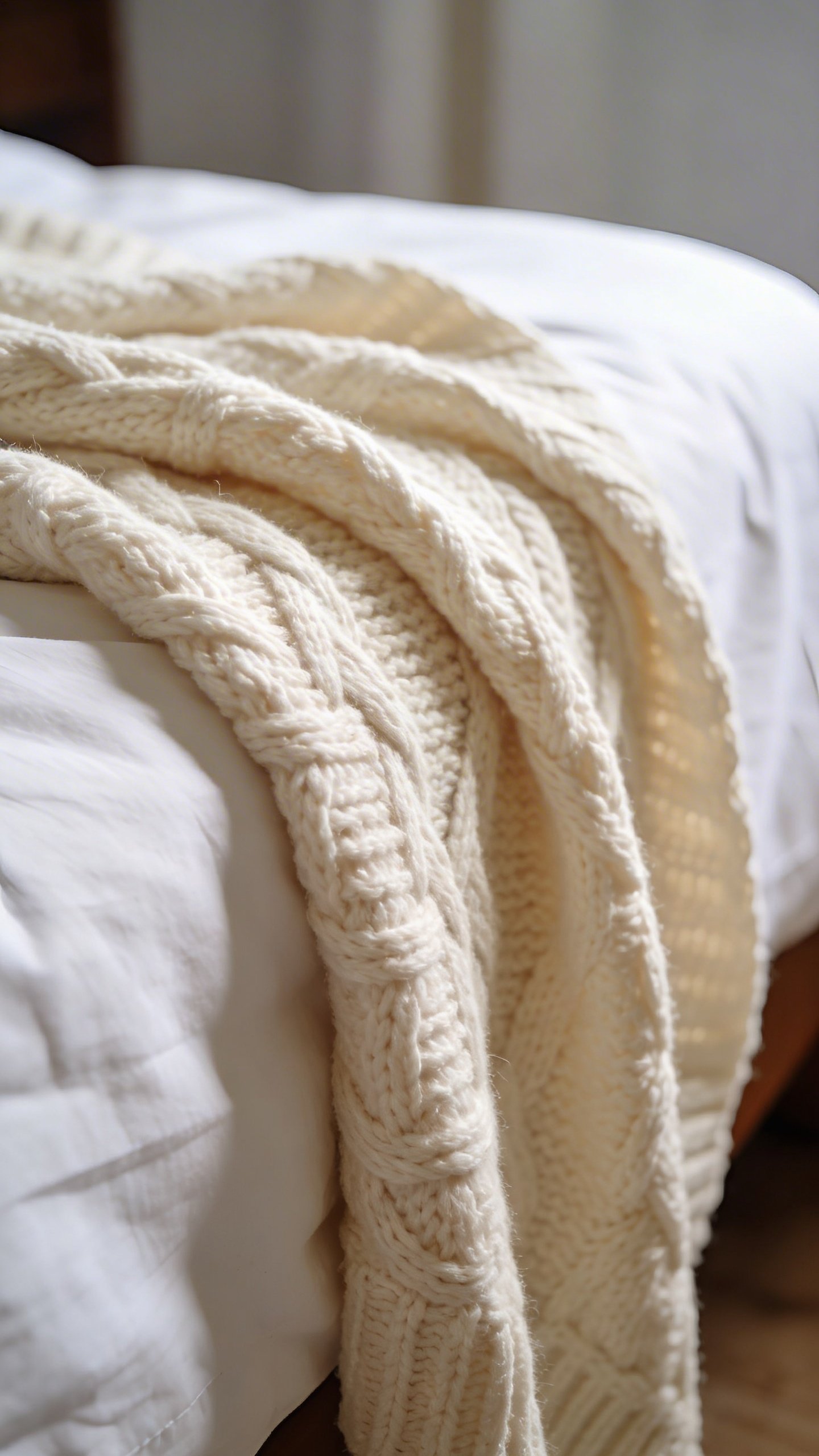 Closeup of textured cream knit throw blanket on white bed