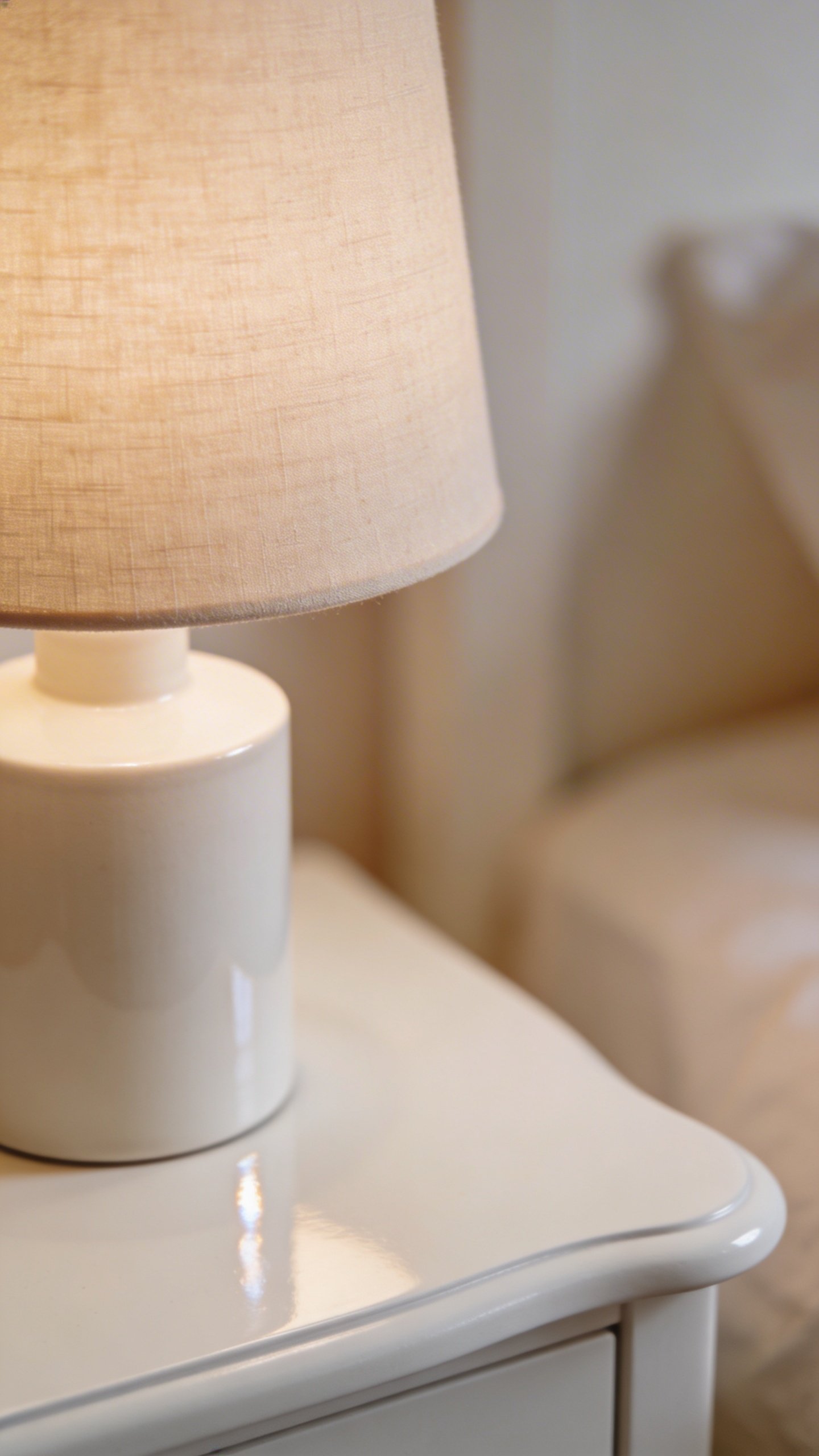 White bedroom nightstand with warm beige lamp closeup