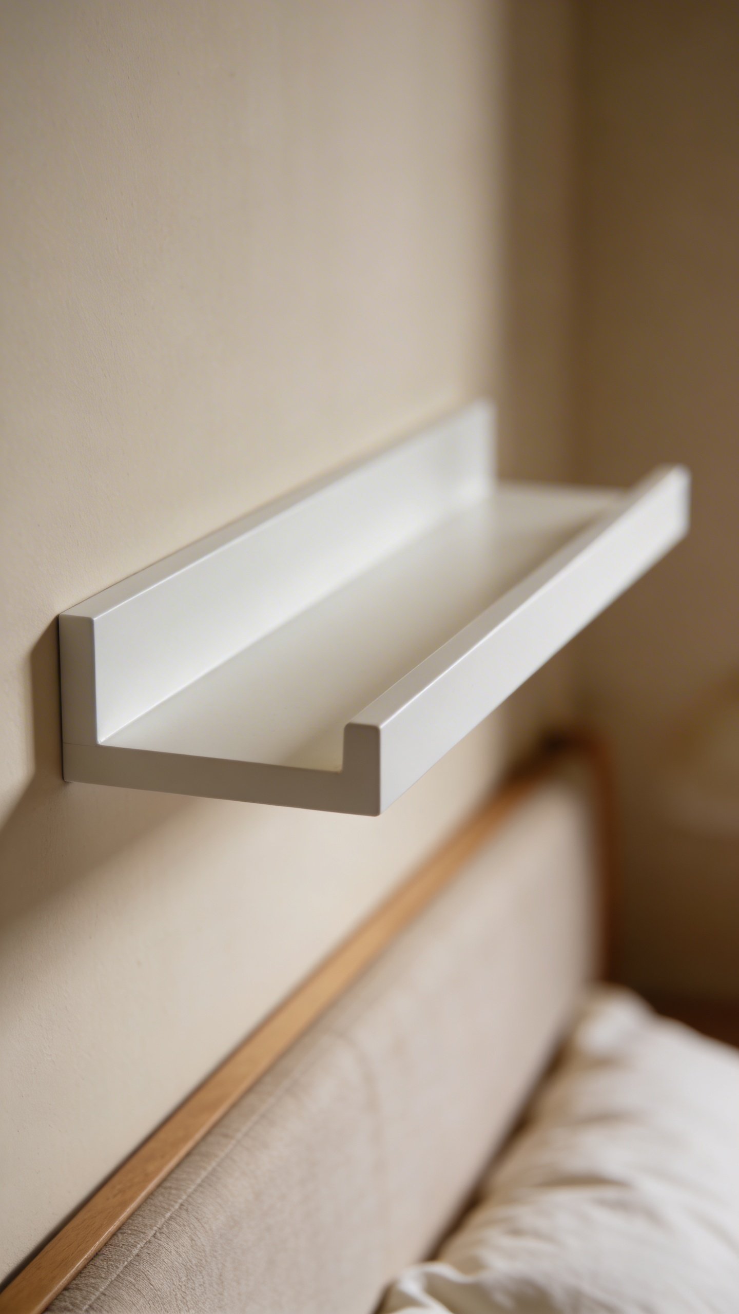 White floating shelf mounted above bed headboard closeup