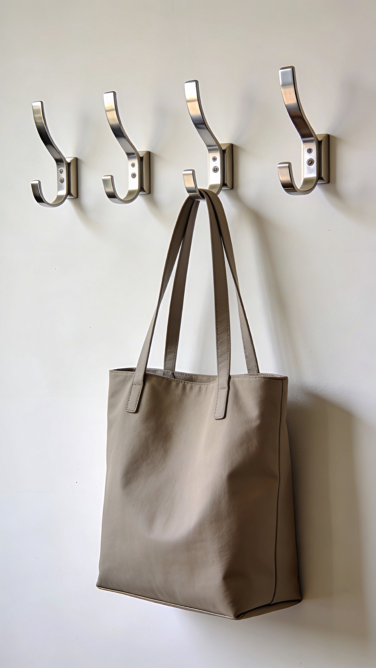 Modern wall-mounted hooks holding minimalist tote bag