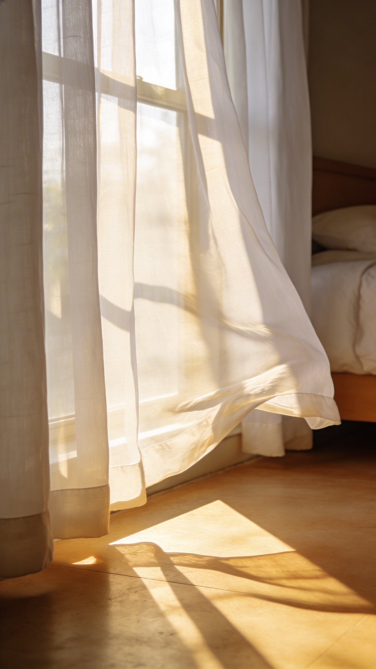 Sheer white curtains filtering sunlight in bedroom window