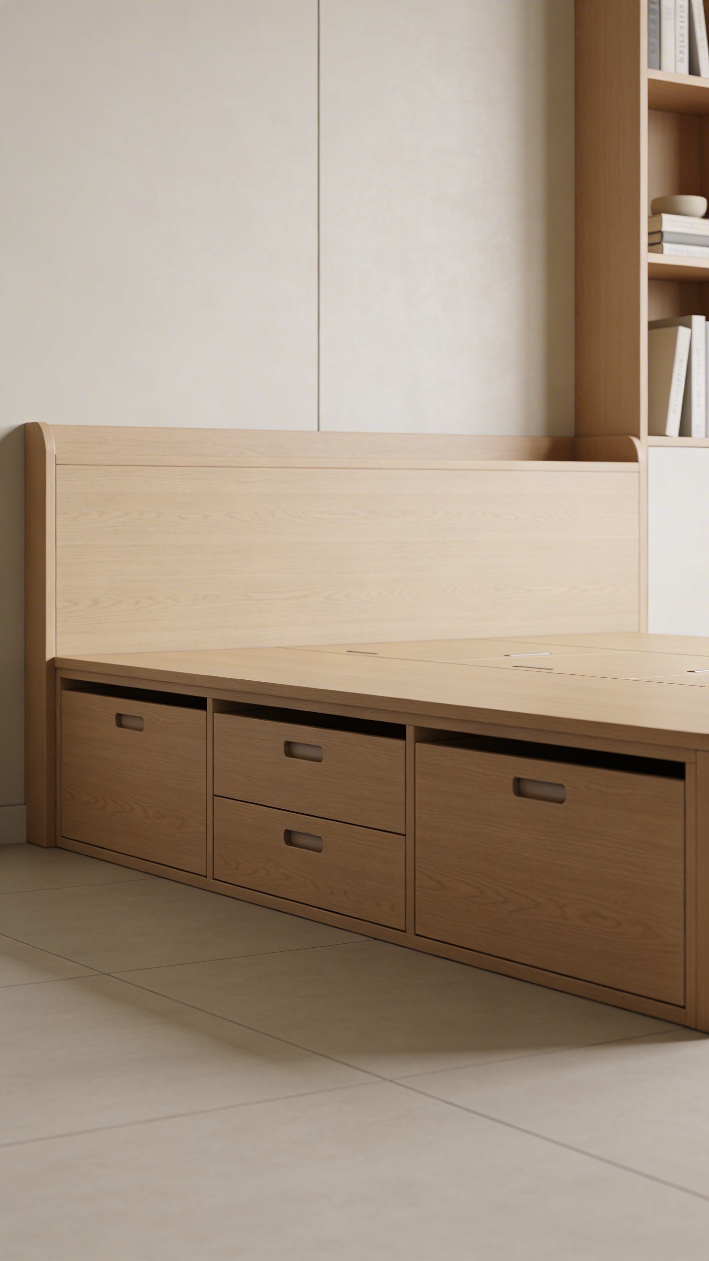 Modern platform bed with built-in storage drawers underneath