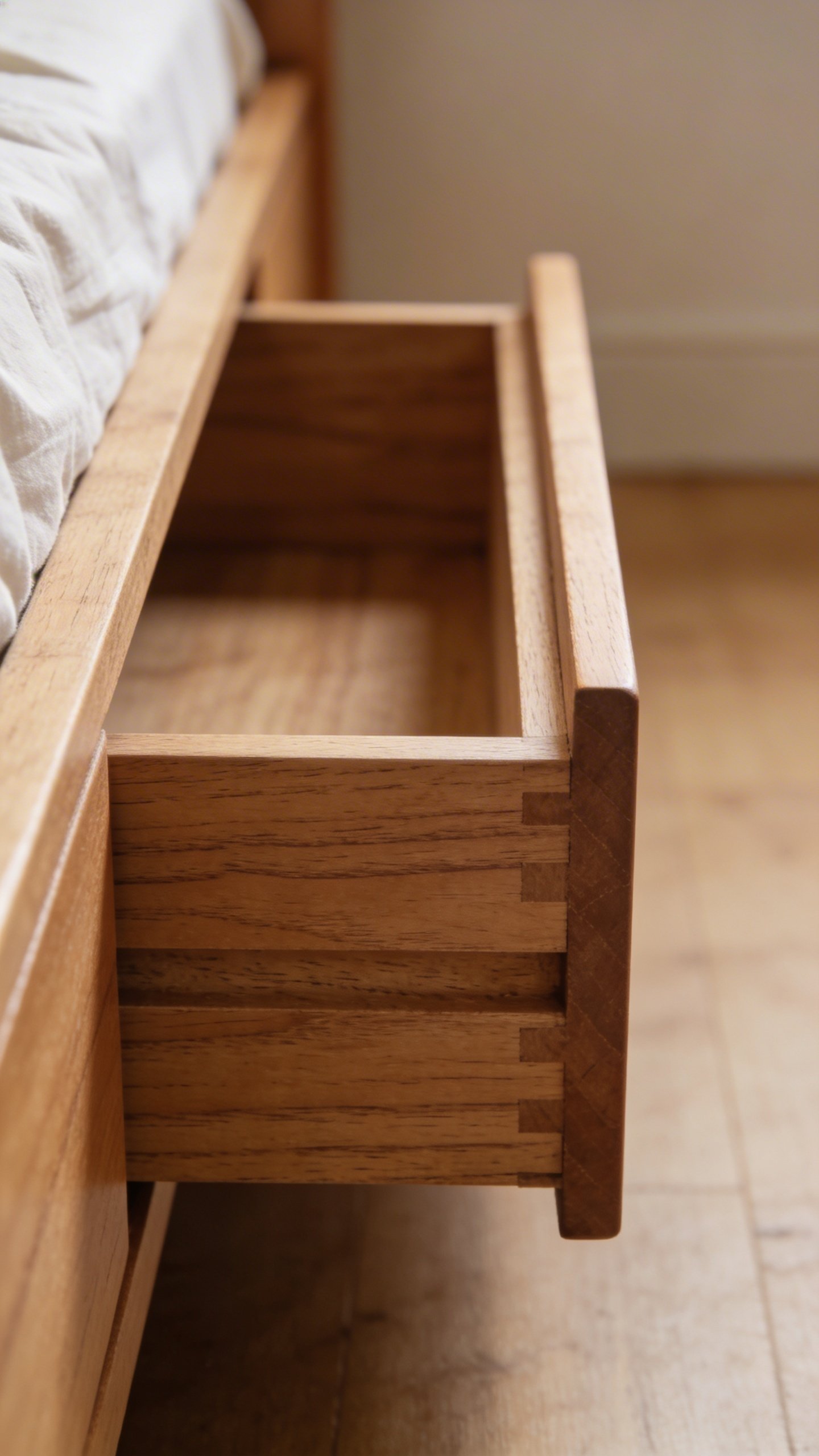 Closeup of open wooden under-bed storage drawer