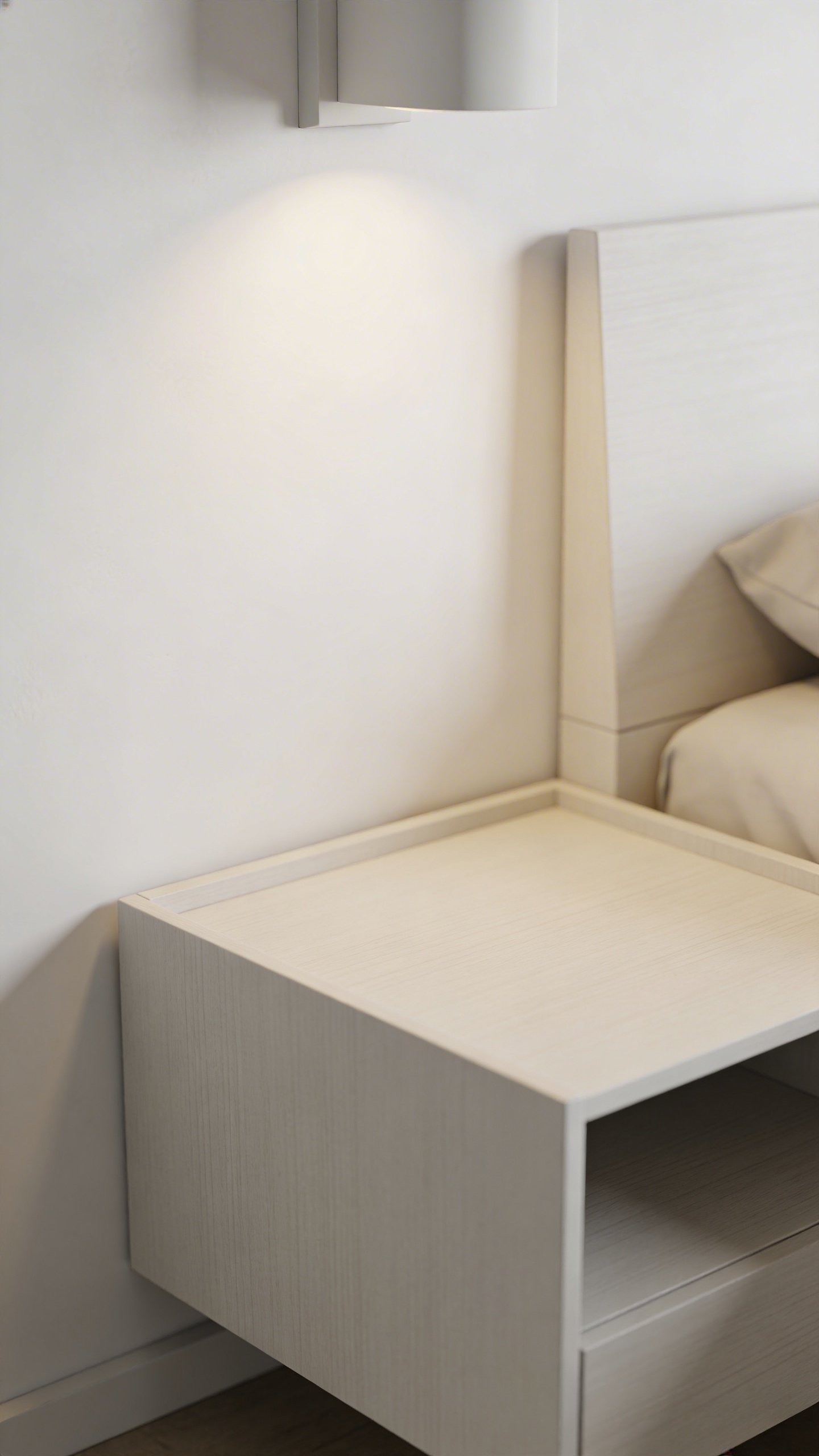 Minimalist bedroom nightstand against white wall