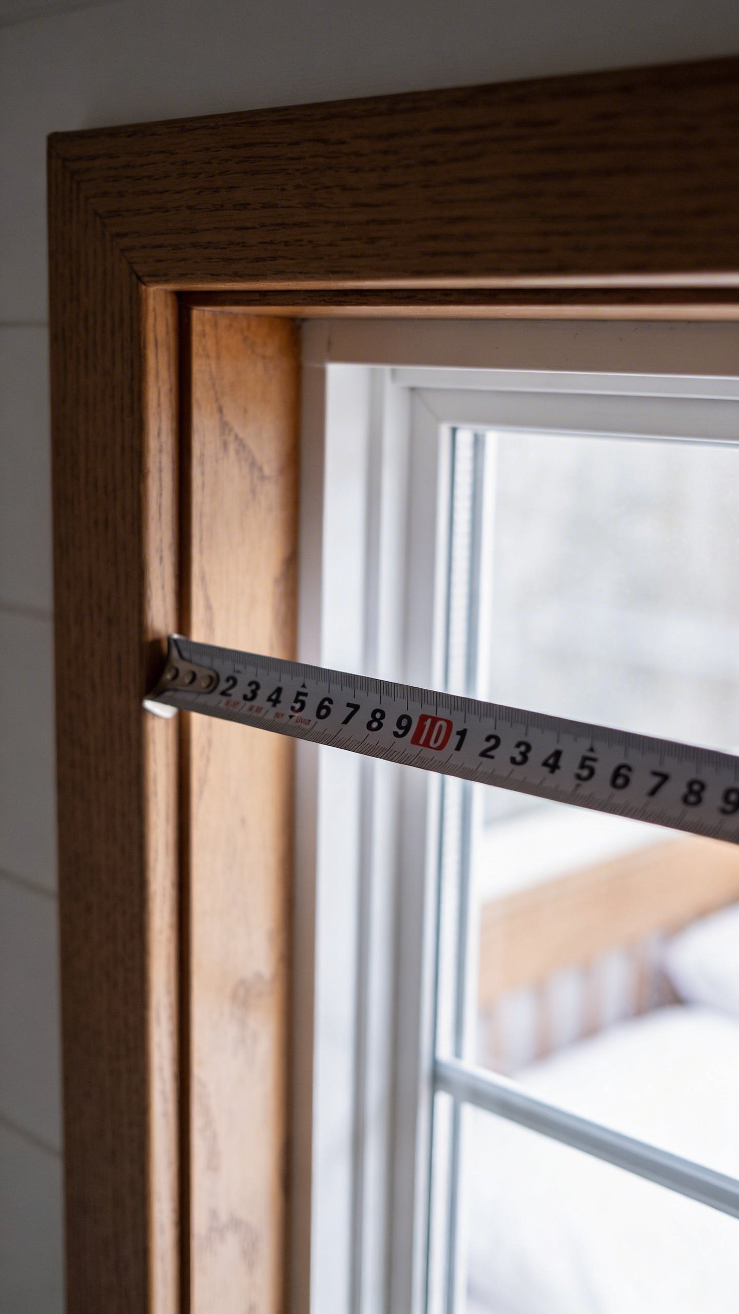 Measuring tape extended against bedroom window frame