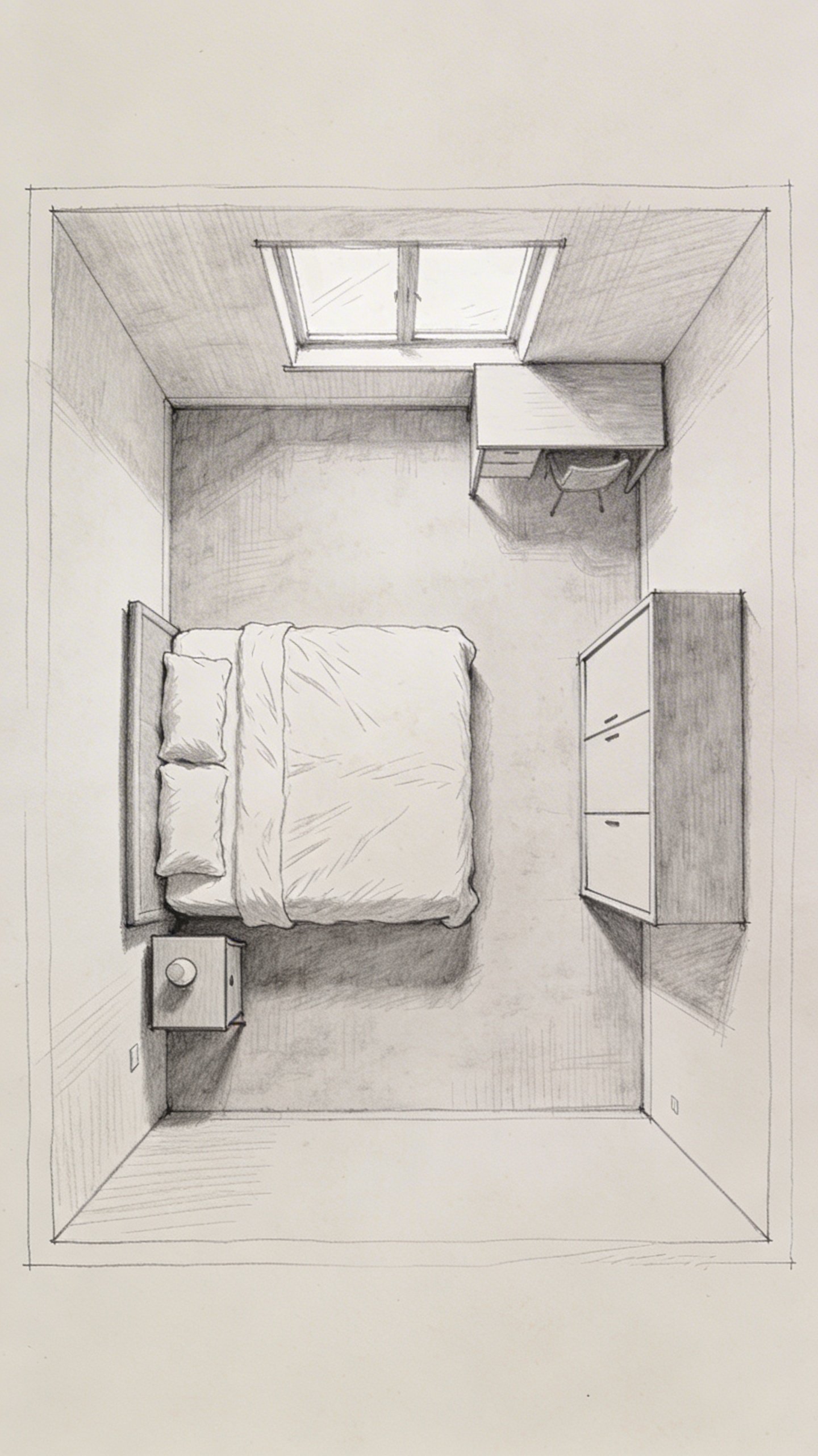 Overhead view of bedroom floor plan sketch