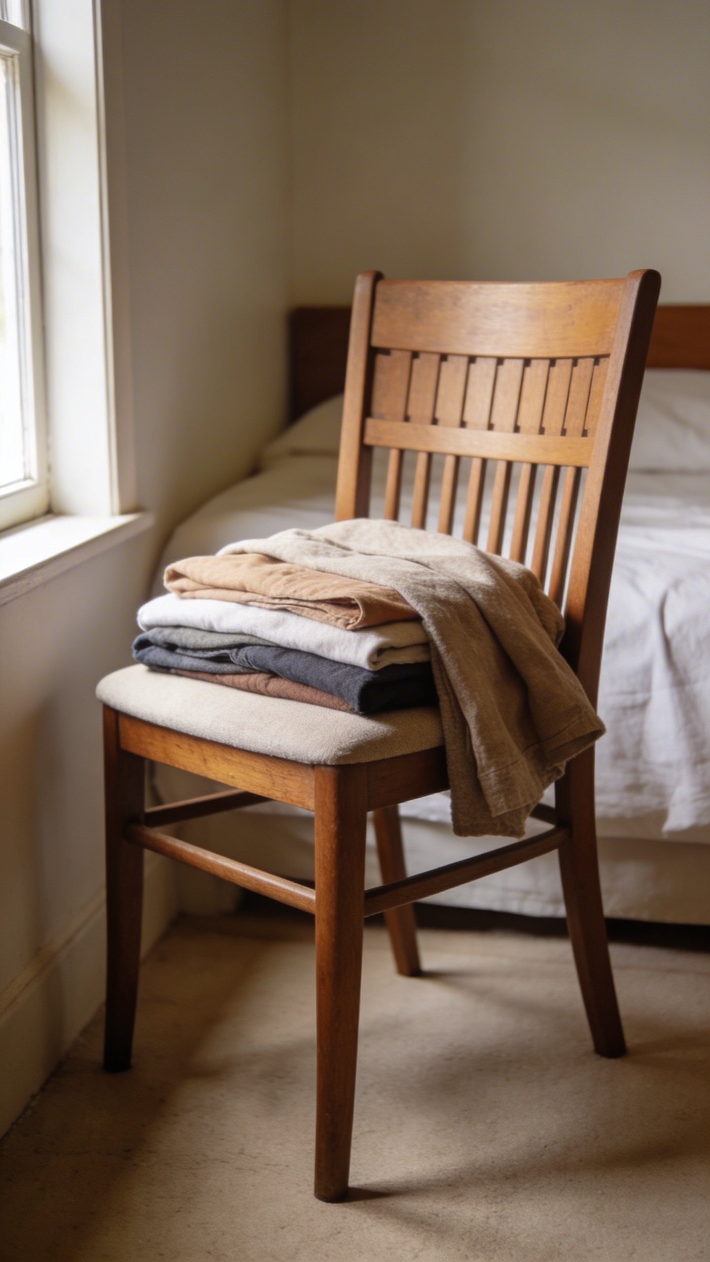 Single chair draped with folded clothes in bedroom