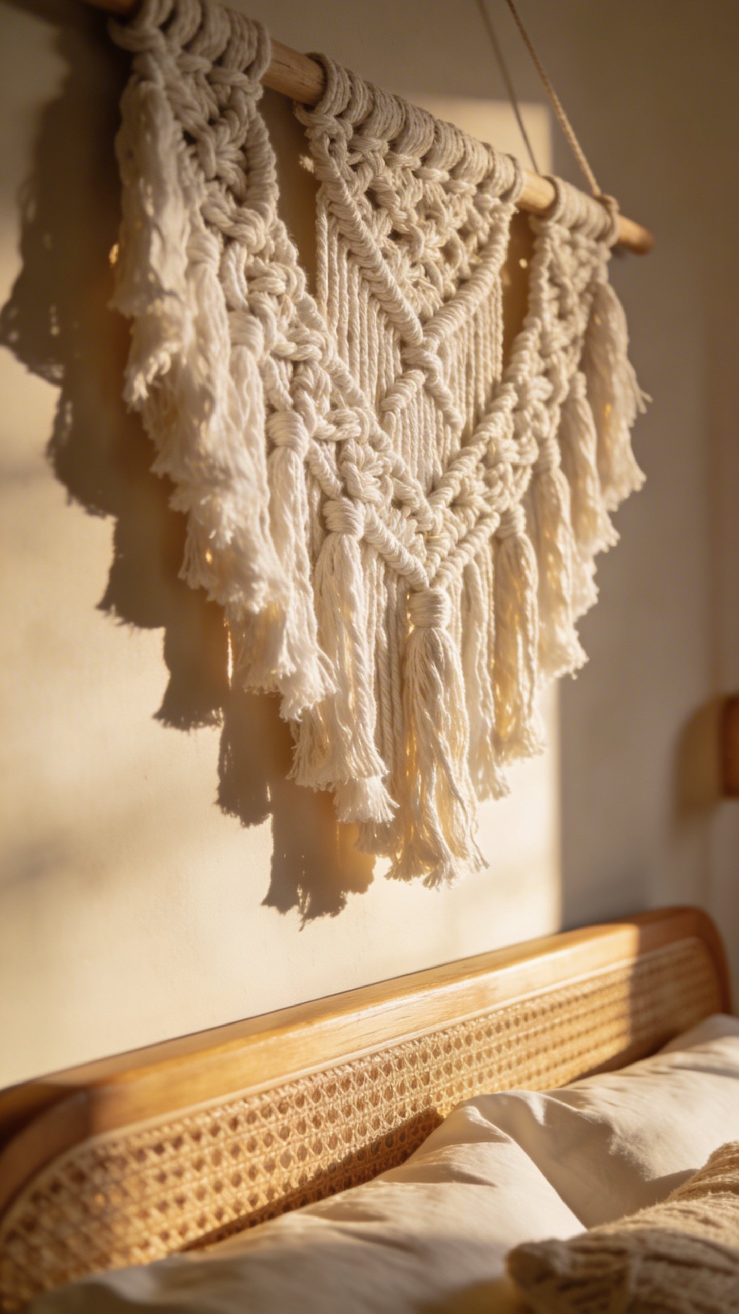 Closeup of textured macrame wall hanging above headboard