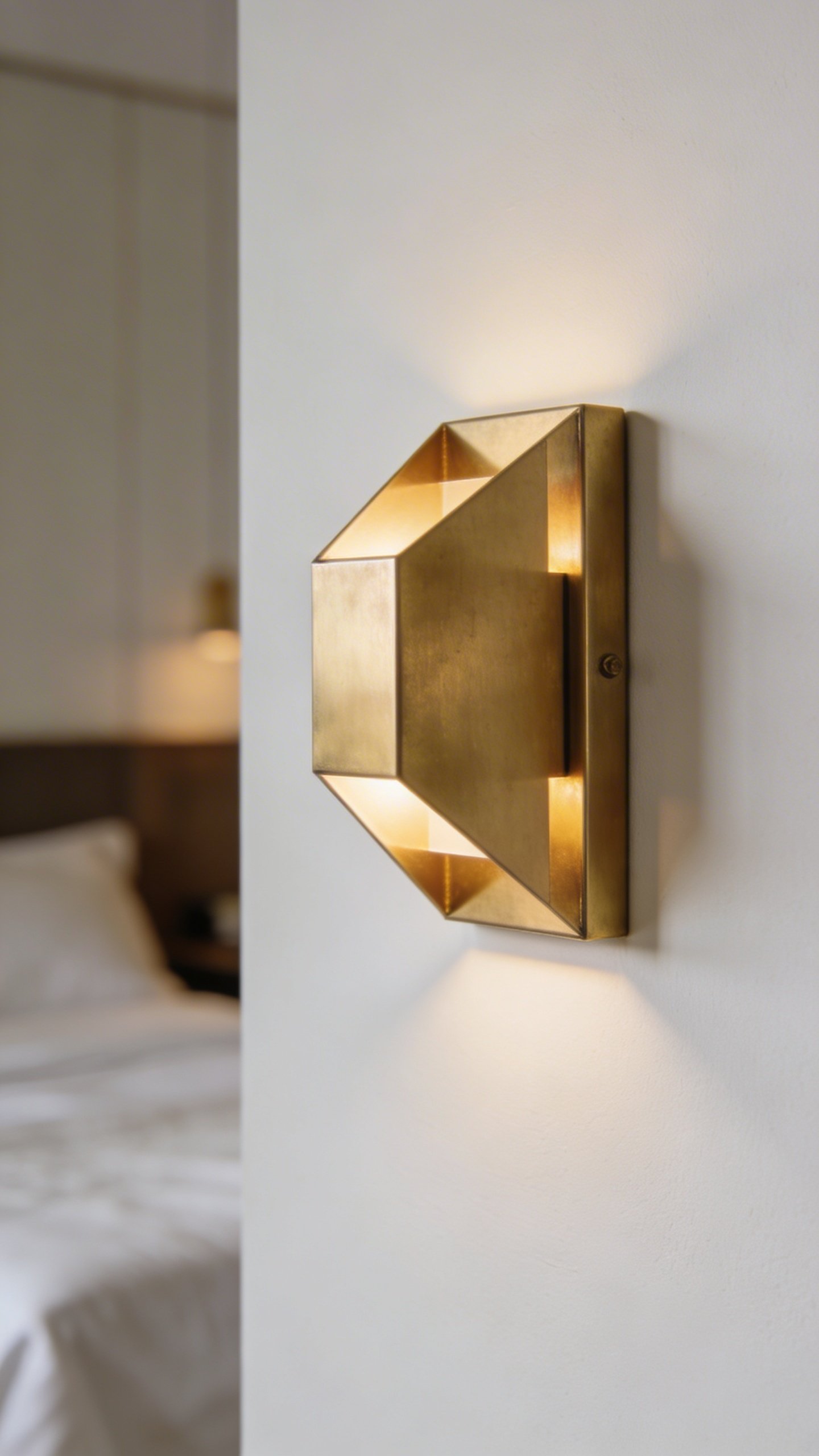 Geometric brass wall sconce on white bedroom wall