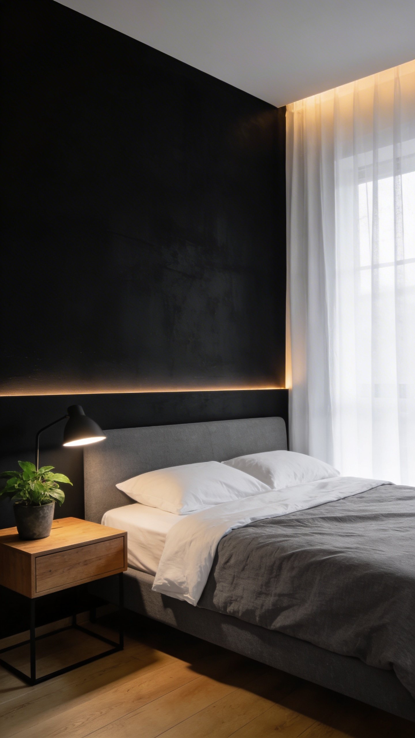 Single moody black accent wall in modern bedroom