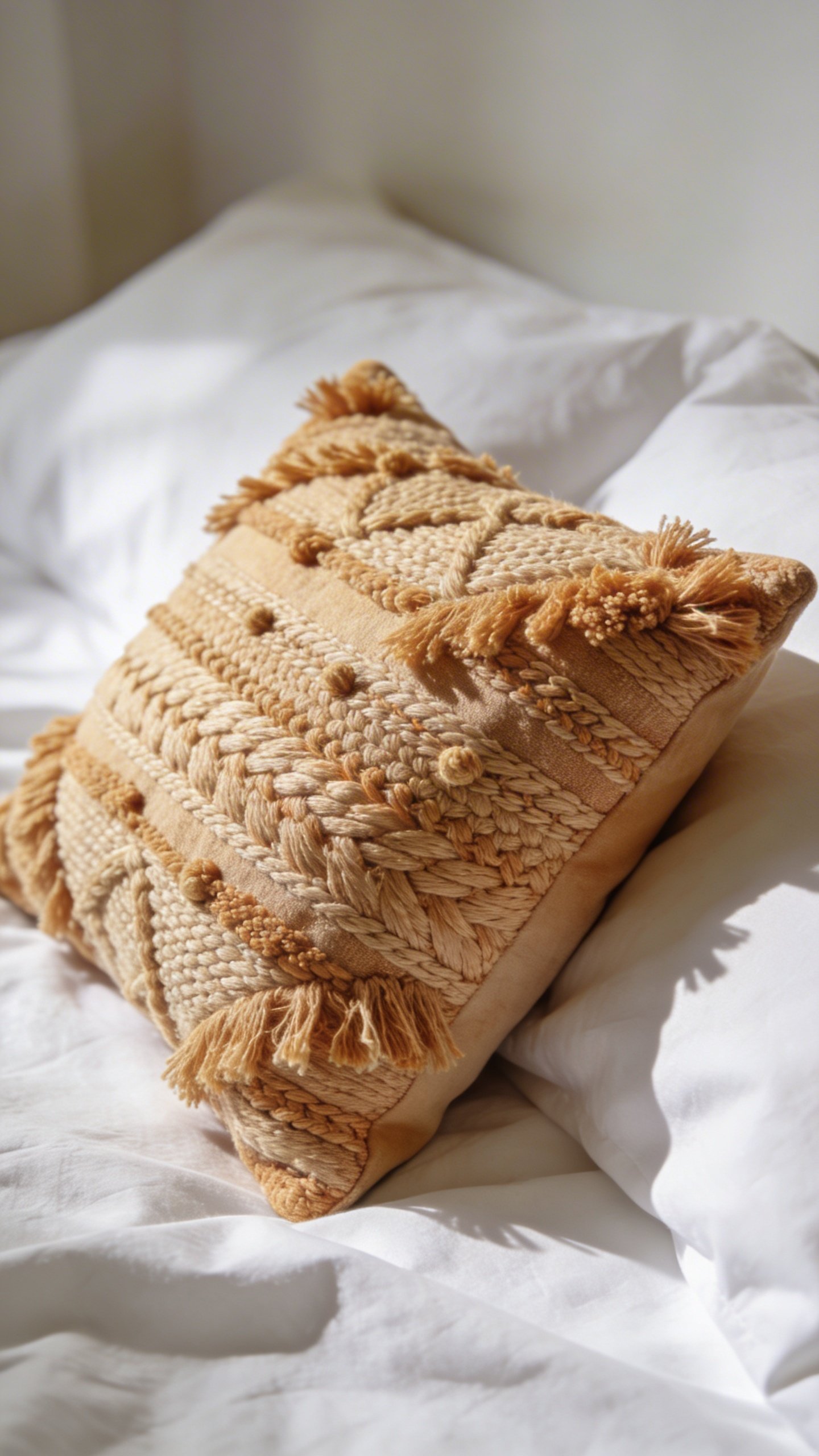 Closeup of textured throw pillow on white bedding