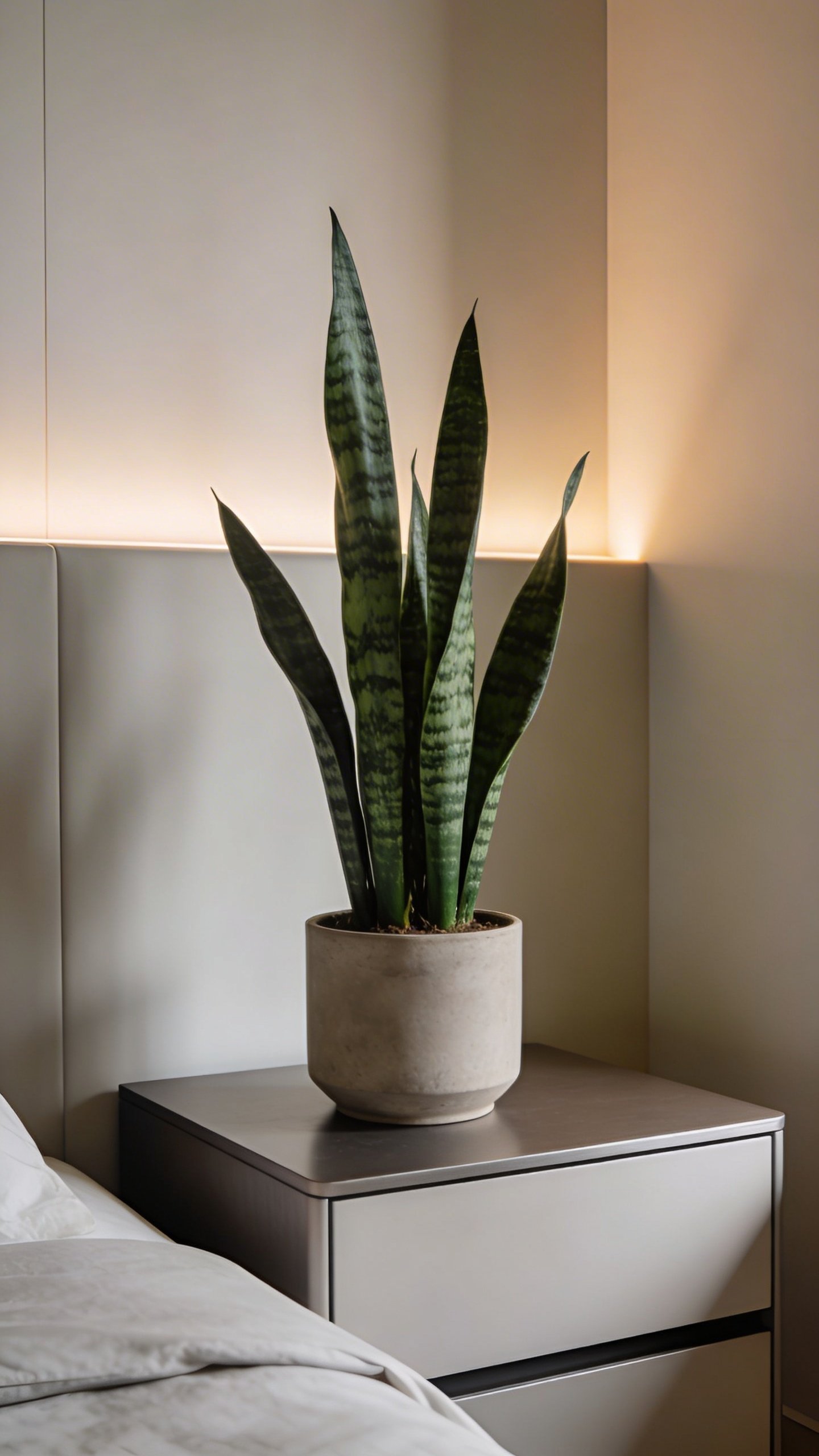 Single potted snake plant on modern nightstand