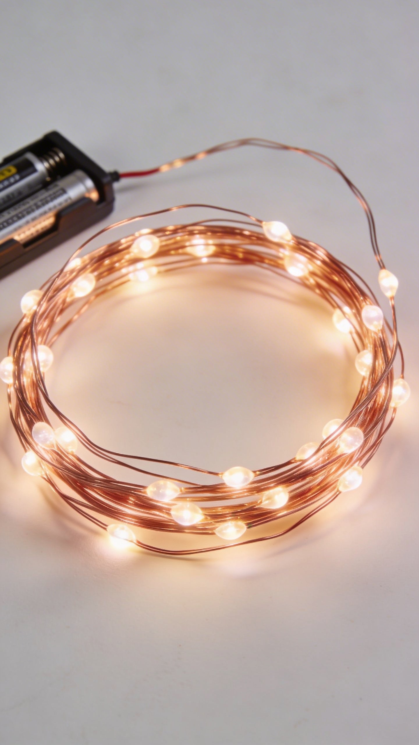 Single strand of battery-powered fairy lights coiled together