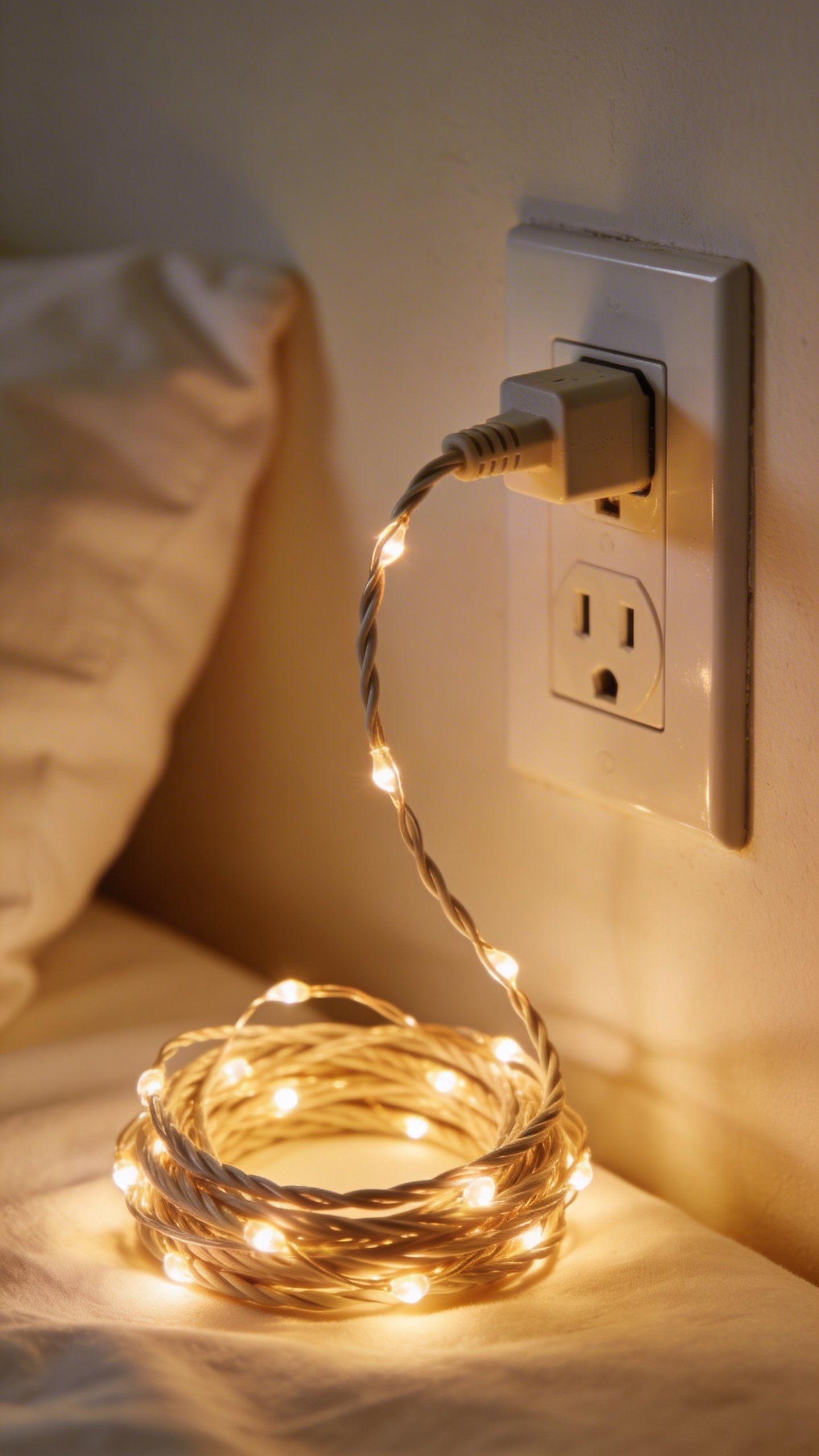 Bedroom wall outlet with plug-in fairy lights cord