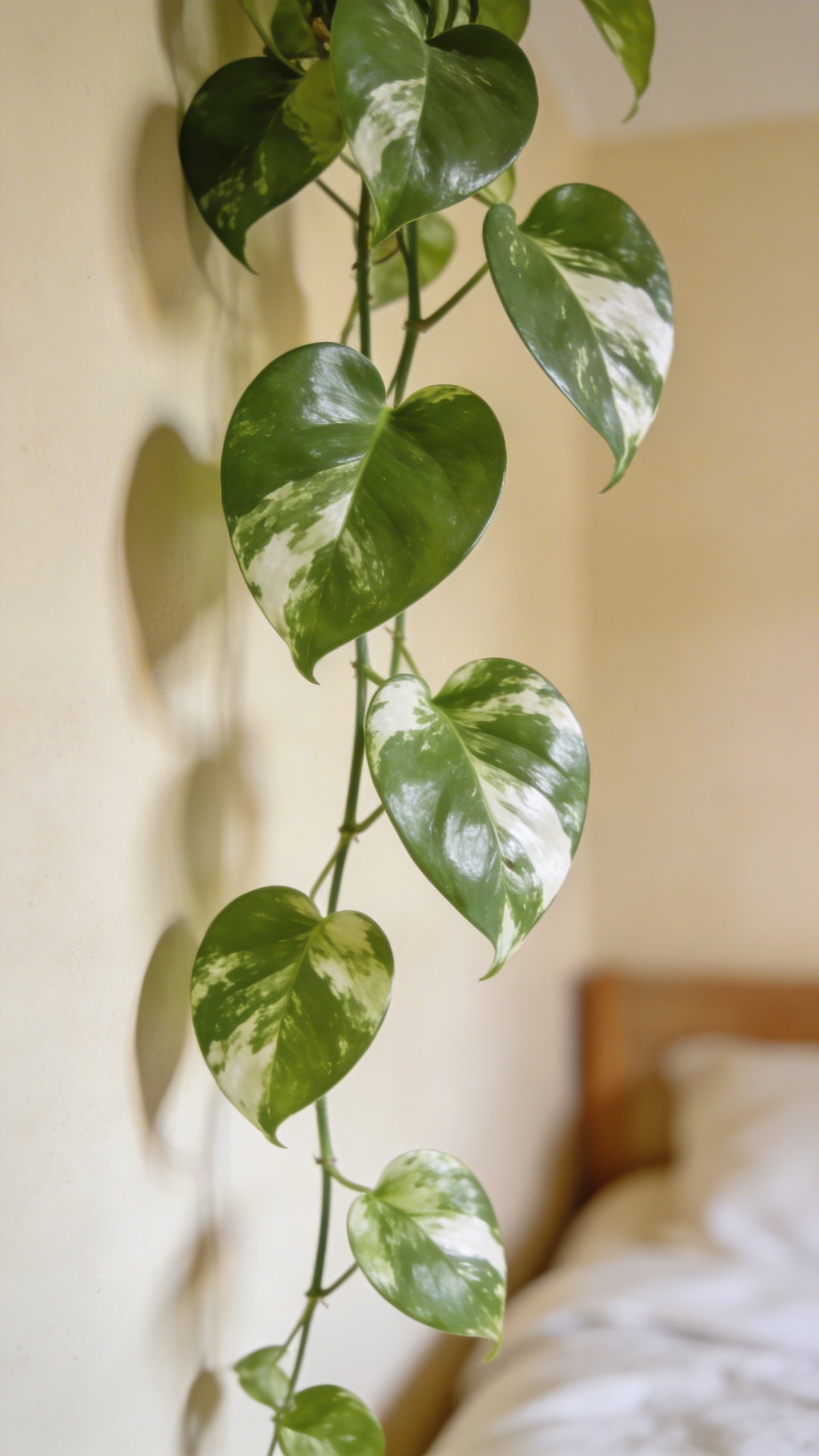 Closeup of trailing pothos leaves against bedroom wall
