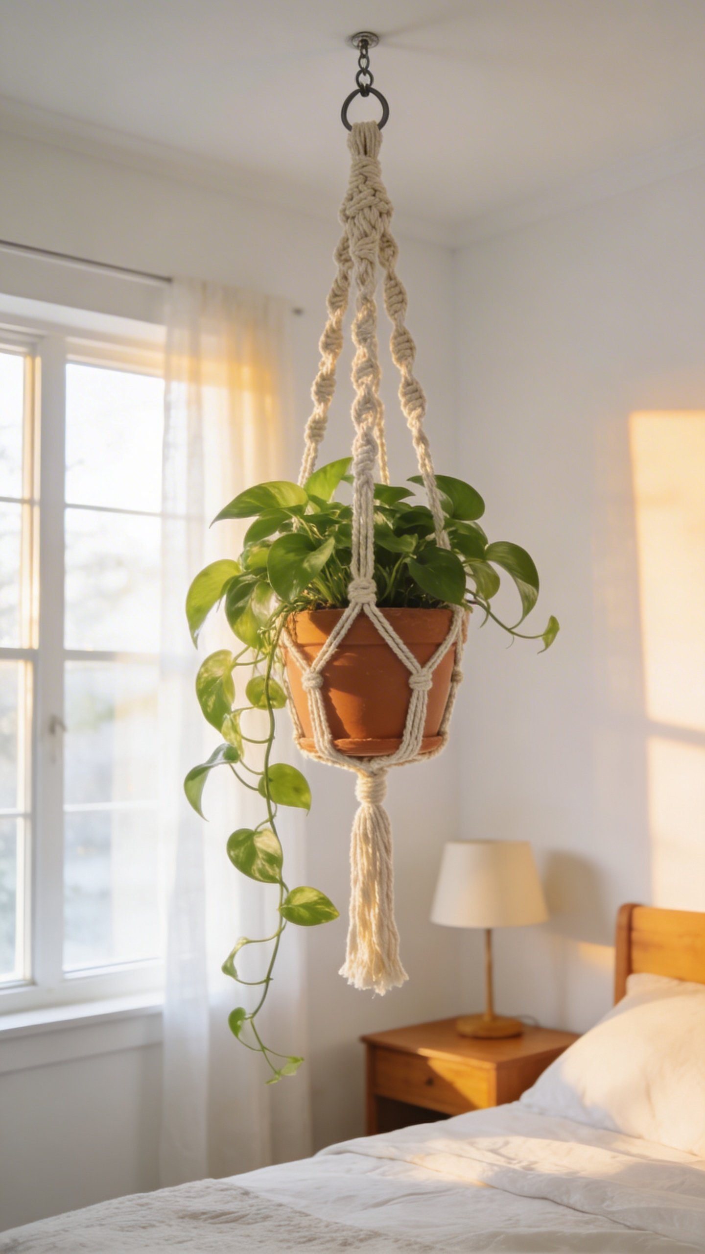 Single macrame plant hanger with pothos in bright bedroom