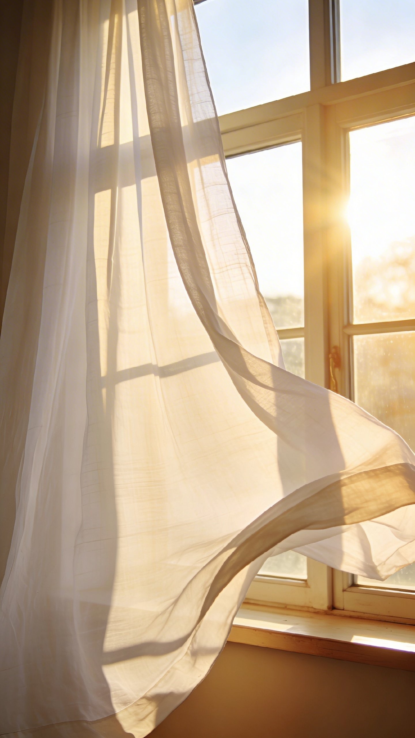 White sheer curtain flowing near bright sunny window