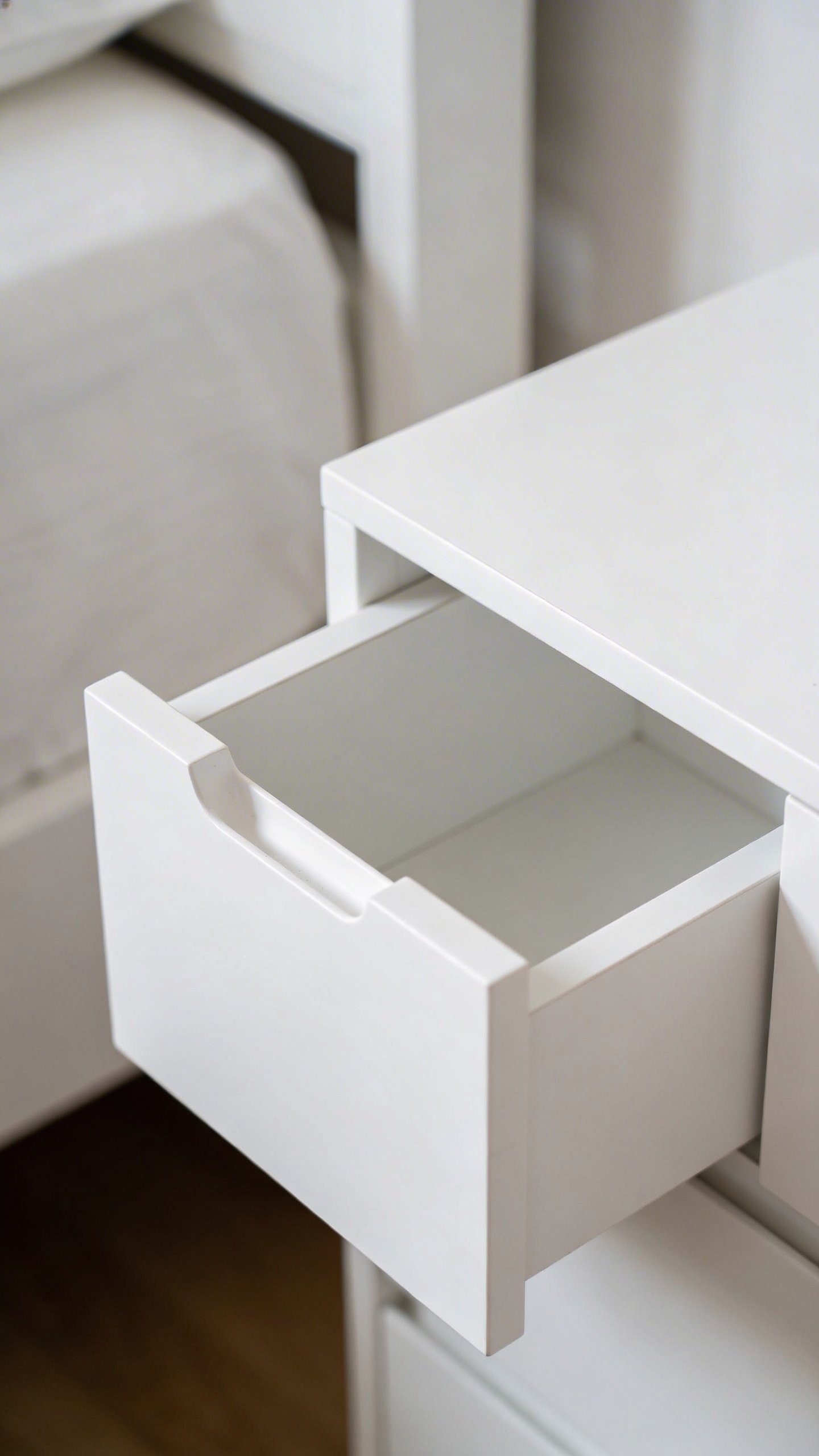 Minimalist white bedside table with single drawer open