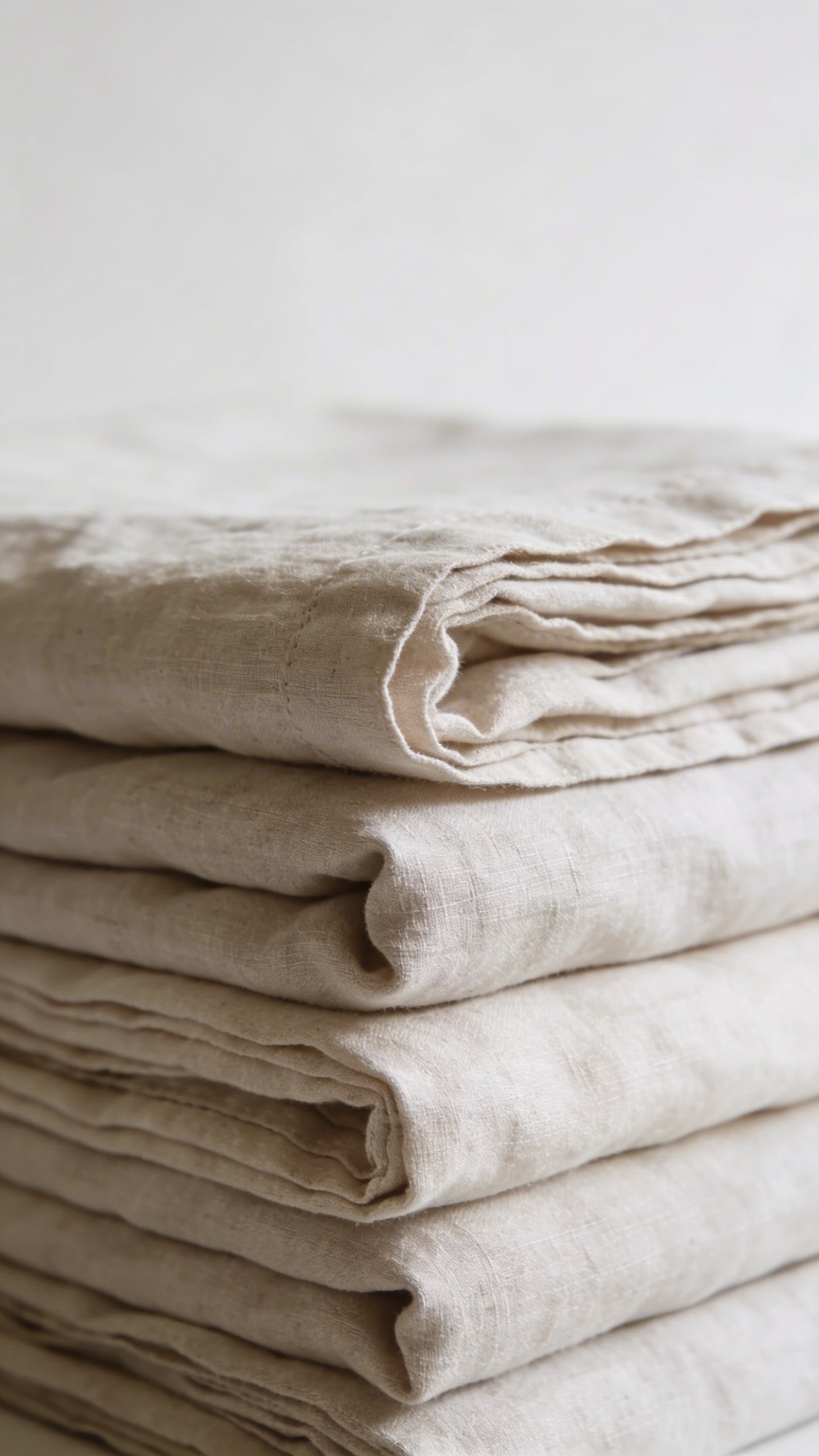 Neatly folded stack of neutral linen bedding