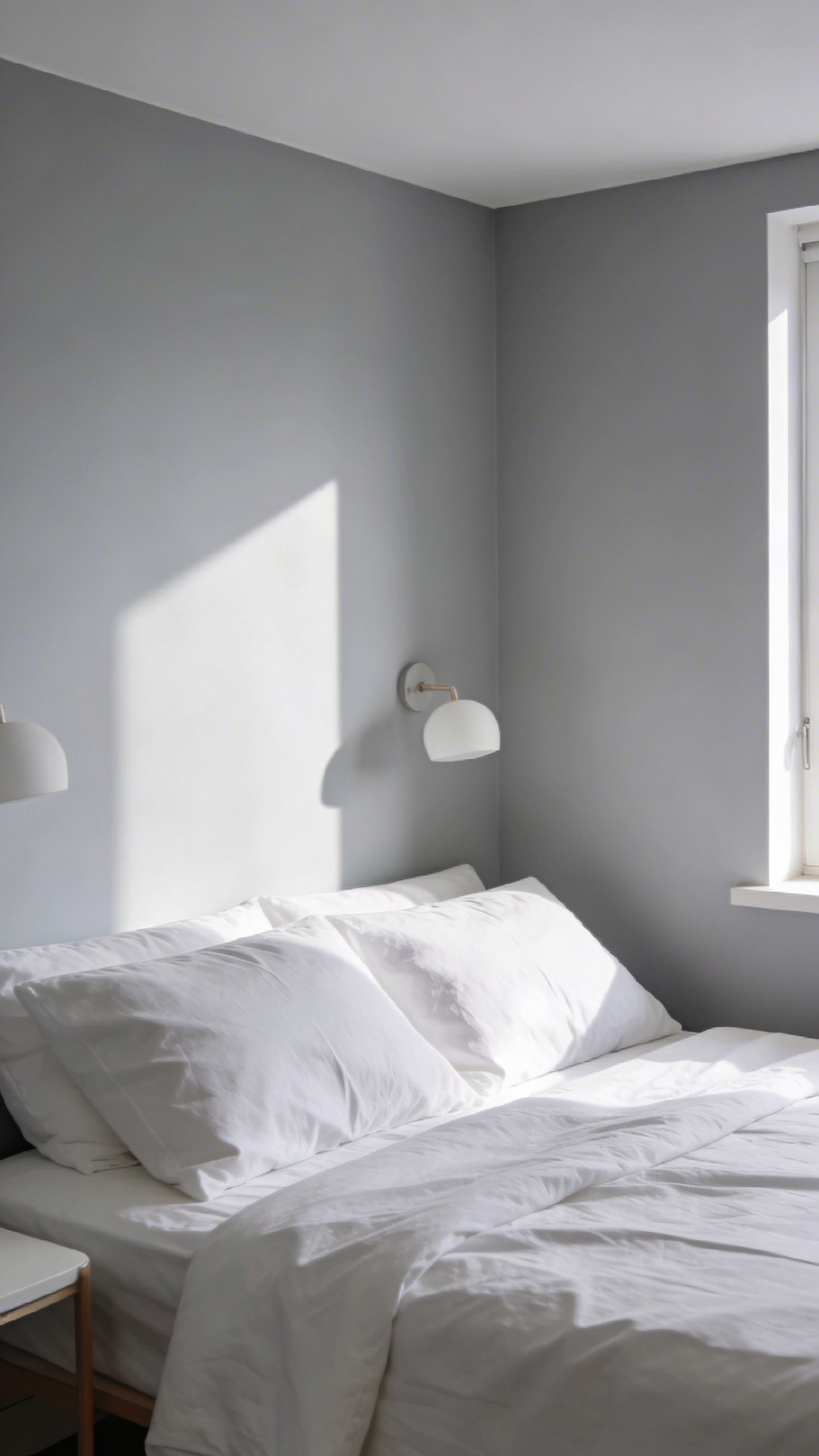 Small bedroom with light gray walls and white bedding