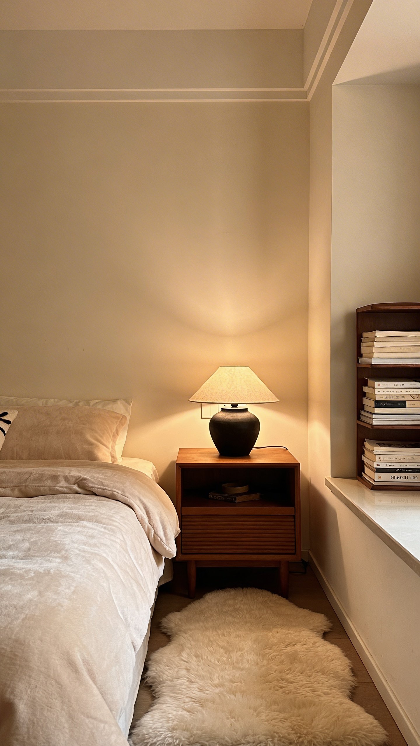 Cozy small bedroom with cream colored wall paint